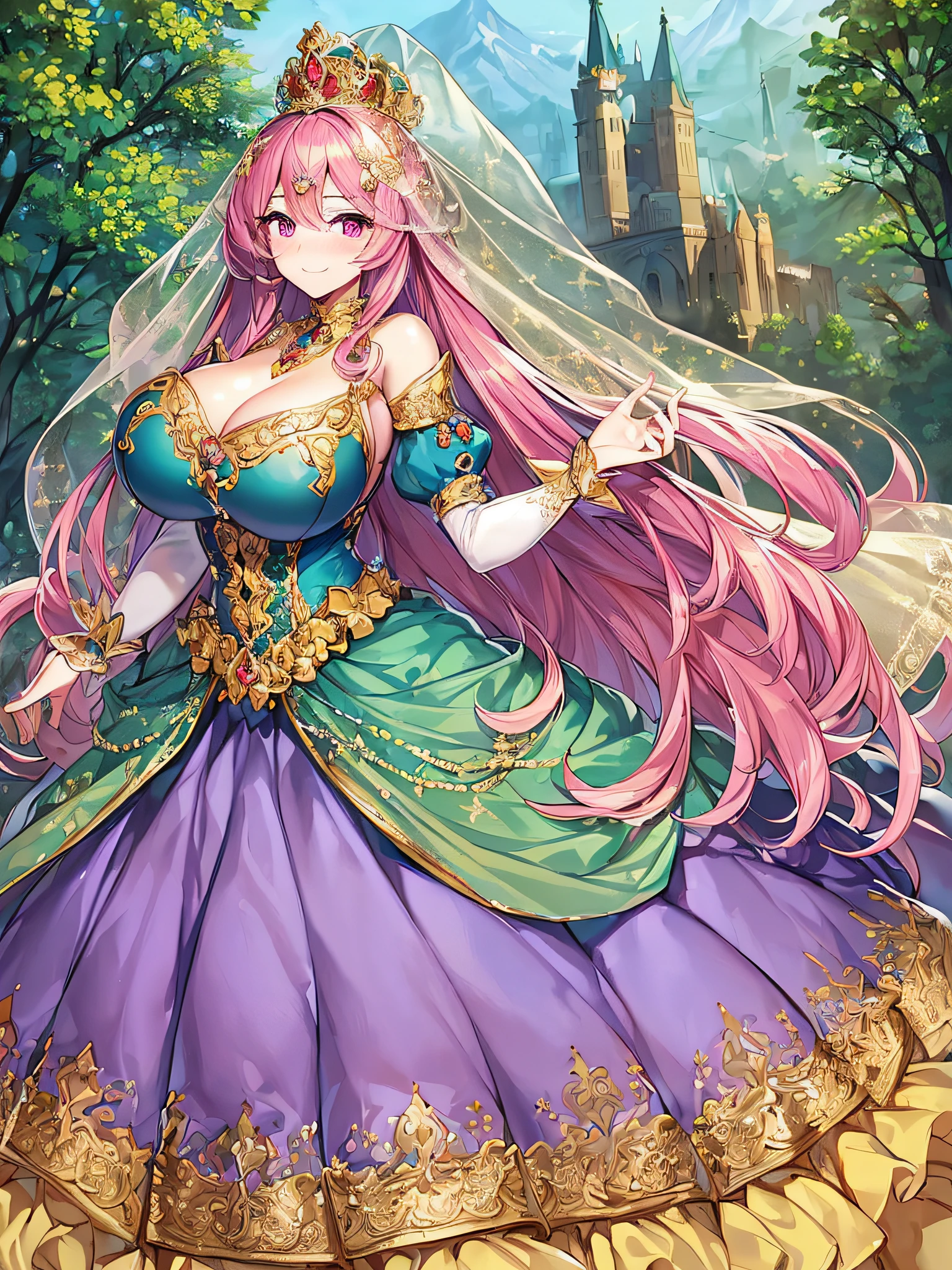 ((Anime Art Style)),(masutepiece),(Best Quality), (Super Detail),((Very delicate and beautiful)),((Full body portrait)),((Stand in the garden)),((Solo)),(((One princess in very gorgeous princess Rococo ballgown with voluminous full length hoop skirt))),(enormous Crinoline Hoop Skirt),Long Train,Gorgeous embroidery and jewelry,(((very very gigantic boobs,Skindentation))),((large amount of straight hair,extremely voluminous Hair,Very Long Straight Hair)),(finely detailed face and eyes),((Seductive smile,embarrassed)),(extremely gorgeousfull hair ornament,very gorgeous tiara adorned with bling-bling jewels),Glitter Gorgeous Gemstone Jewelry,Gorgeous Long Veil,(opera gloves),(Beautiful background),(Full body),((gorgeous princess Rococo ballgown with voluminous full length hoop skirt)),