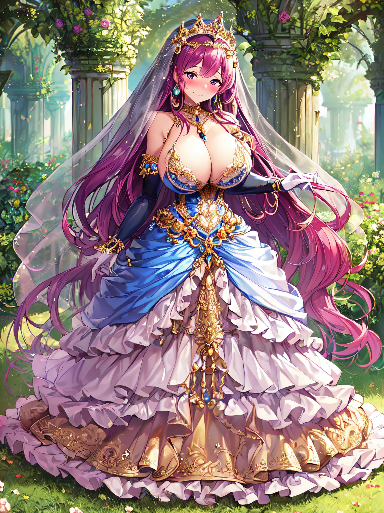 ((Anime Art Style)),(masutepiece),(Best Quality), (Super Detail),((Very delicate and beautiful)),((Full body portrait)),((Stand in the garden)),((Solo)),(((One princess in very gorgeous princess Rococo ballgown with voluminous full length hoop skirt))),(enormous Crinoline Hoop Skirt),Long Train,Gorgeous embroidery and jewelry,(((very very gigantic boobs,Skindentation))),((large amount of straight hair,extremely voluminous Hair,Very Long Straight Hair)),(finely detailed face and eyes),((Seductive smile,embarrassed)),(extremely gorgeousfull hair ornament,very gorgeous tiara adorned with bling-bling jewels),Glitter Gorgeous Gemstone Jewelry,Gorgeous Long Veil,(opera gloves),(Beautiful background),(Full body),((gorgeous princess Rococo ballgown with voluminous full length hoop skirt)),