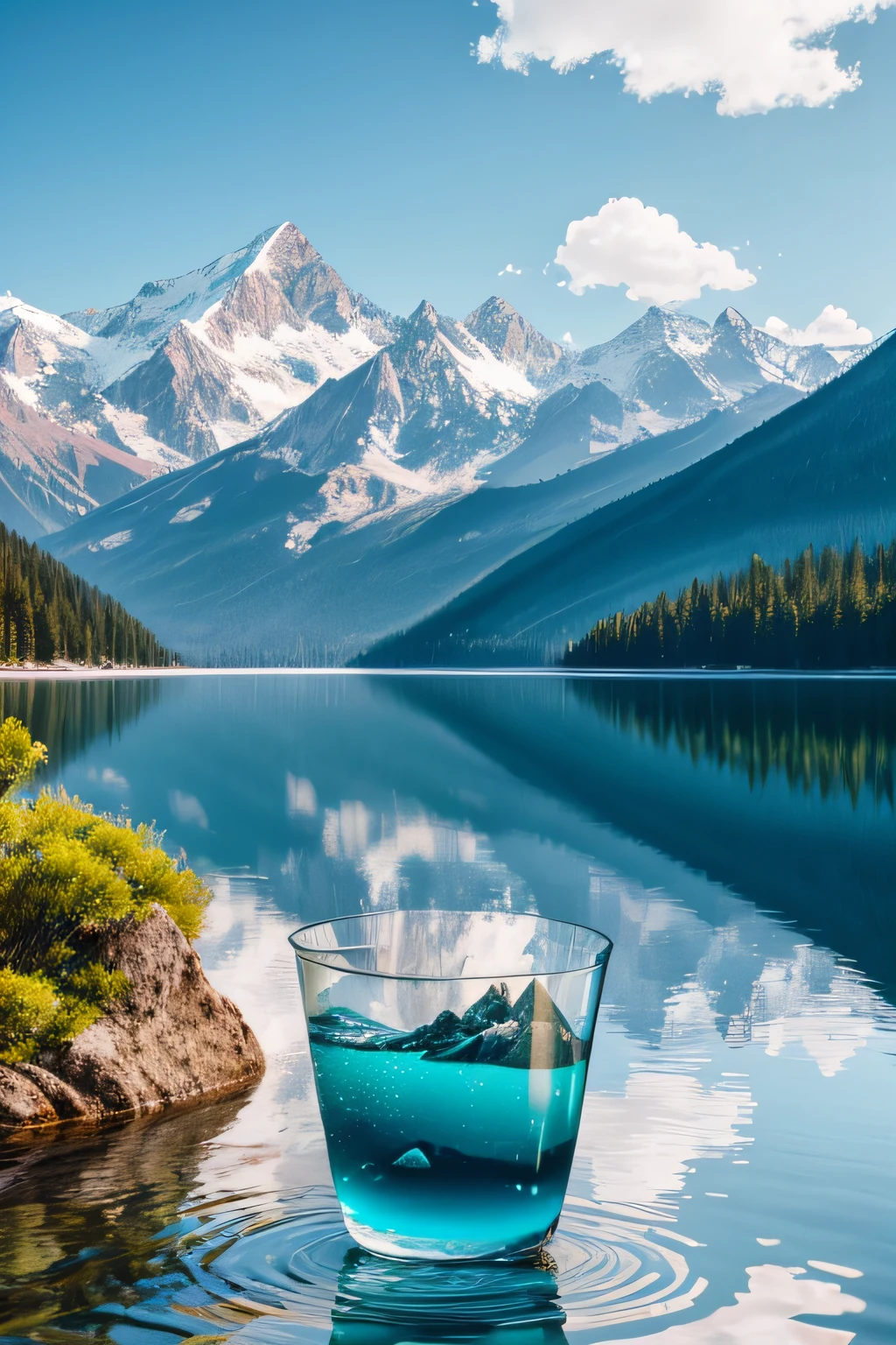 Create a fantastic, ultra-realistic image of a glass filled with crystal-clear water, captured through the lens of a 35mm camera. Draw inspiration from Ansel Adams, depicting a serene lakeside scene. The water is pristine, reflecting the surrounding mountains. The atmosphere is tranquil, evoking a deep sense of nature's beauty. --v 5 --stylize 1000