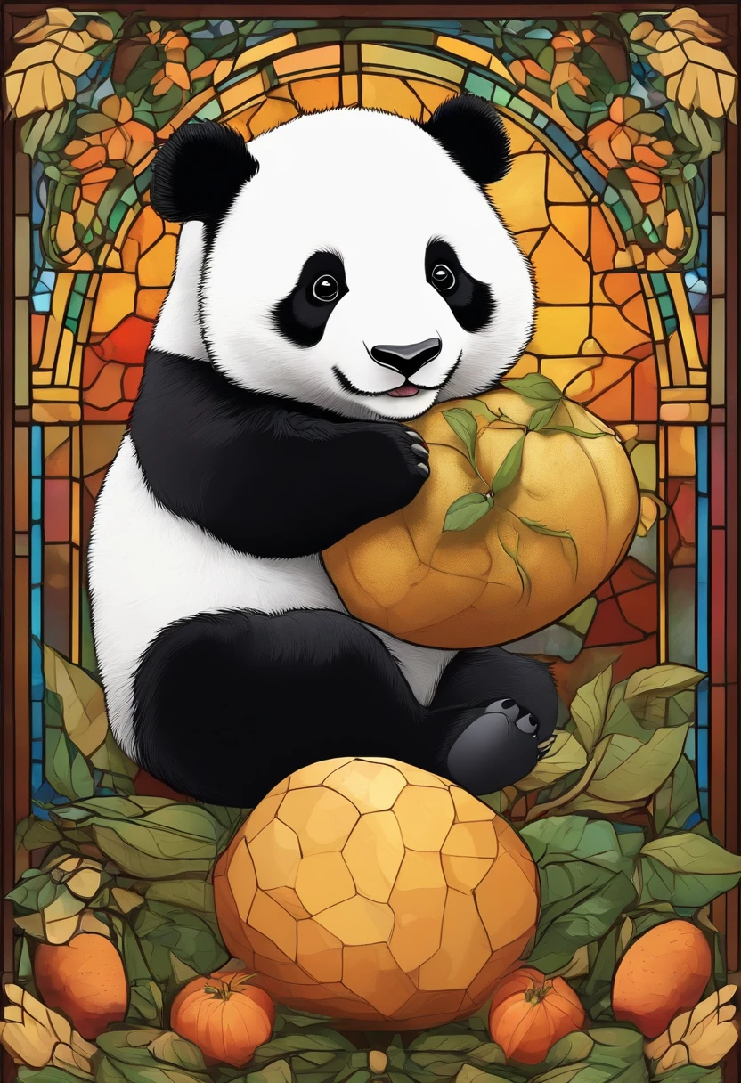 Fluffy Giant Panda,Sasa Panda、Extremely cute,Holding a potato in his hand、Satsuma、Sweet potatoes、Stained glass with light as a background,Colorful space as decoration,Ultimate HD image quality