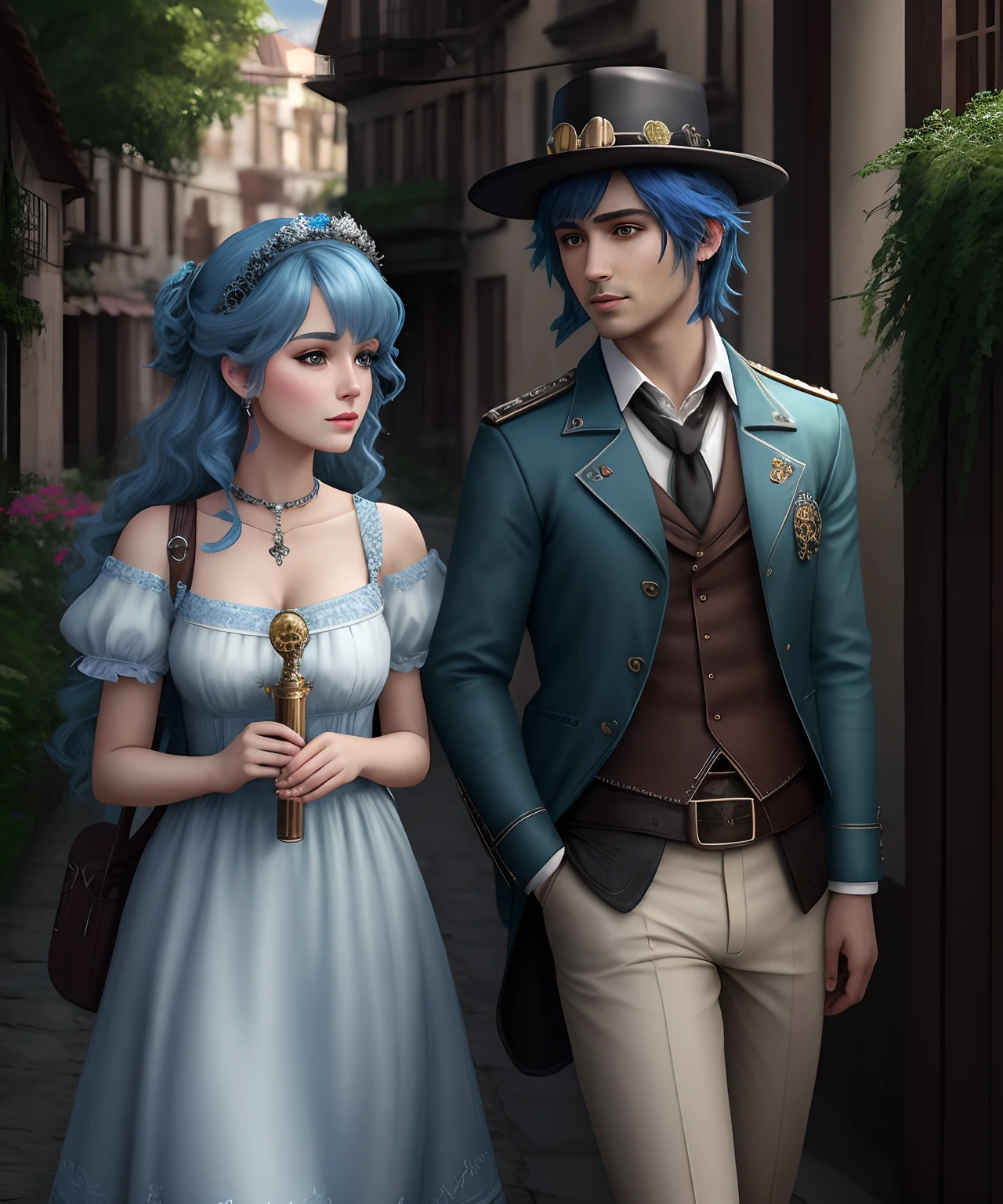 crie um desenho inspirado na personagem Sofia Monad  do jogo Lies Of P, Sofia is a blue-haired fairy who helps the protagonist Pinocchio become more human. She's got a white dress and a magic wand, e pode voar pelo ar,4k,detalhes altos,majestoso,Ultra realismo, detalhes alto, RTX, Steampunk World Themed