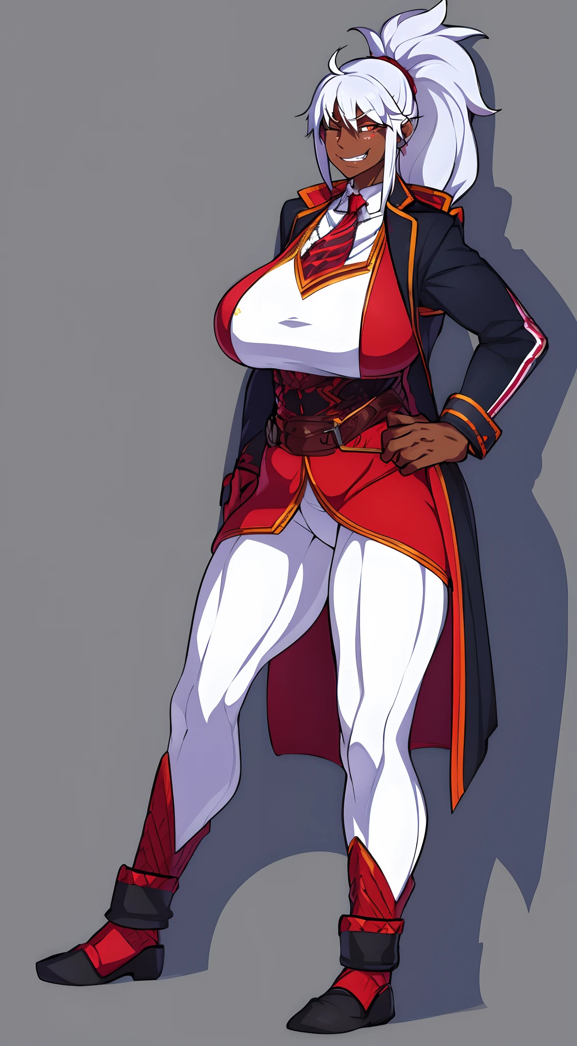 muscle girl,medium breast,, tall female, ,pants, solo focus, 1character, portrait full body,dark skinned female, , vest, coat, walking, medieval clothing, long hair, ,, open mouth smile, revealing cloths, , , berserker, warrior,, full body, walking,, ,flipflops, red eyes, sentai heroine, white bodysuit, silver hair, , smile, drop shadow, anaglyph, stereogram, tachi-e, pov, atmospheric perspective, Gothic art, Romanticism, rococo style, 8k, super detail, ccurate, best quality, UHD, retina, anatomically correct, super detail, high quality, best quality, highres, award winning, high details, textured skin, masterpiece, ccurate, 1080P, HD, 4K, 8k, 16k, anime style Waiting to start