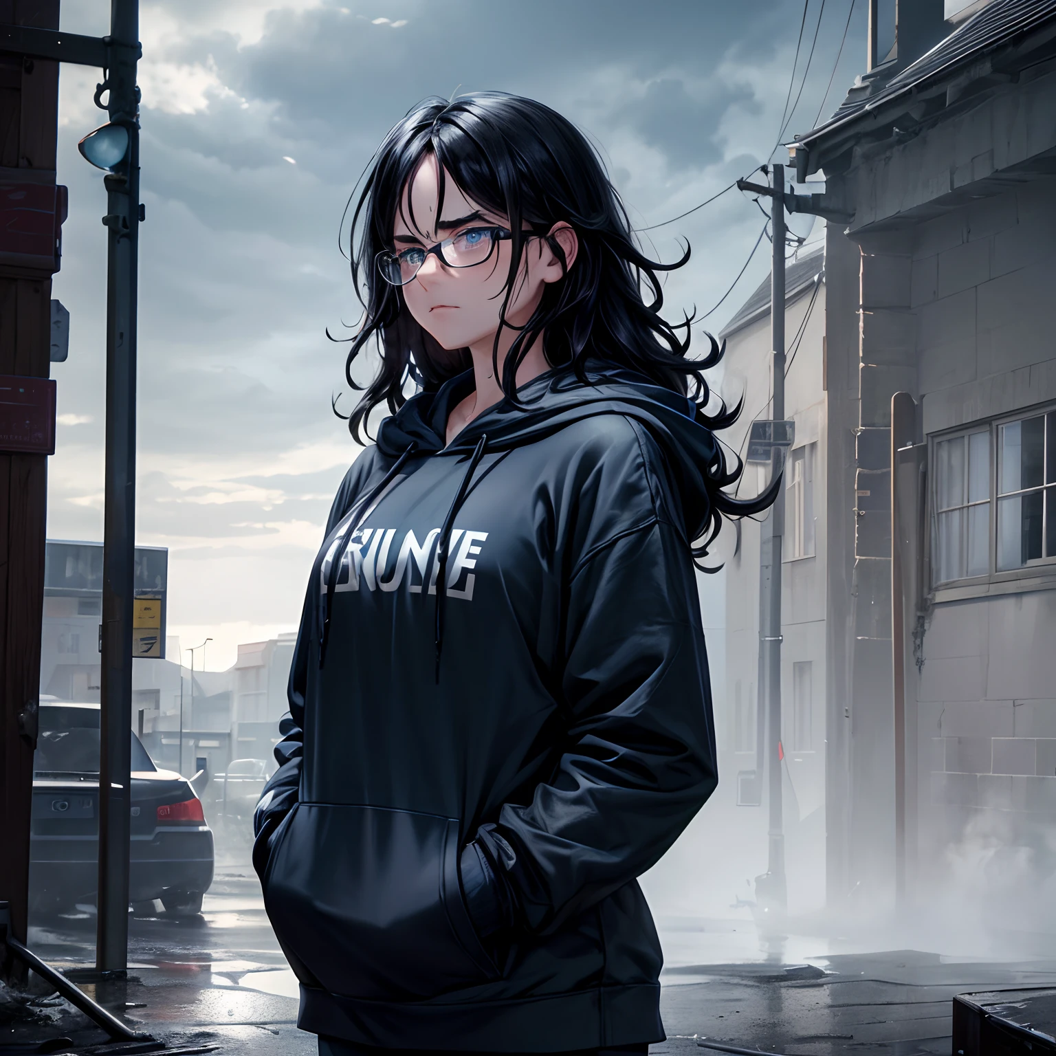 volumetric lighting, cinematic lighting, highres, masterpiece, 8k, (dark blue eyes with dark circles), tired, melancholy, depressed, detailed black hair, (messy hair), long greasy hair, disheveled, unwashed, thick eyebrows, (worn dirty hoodie), (wearing glasses), cloudy sky, english countryside, country road, cold