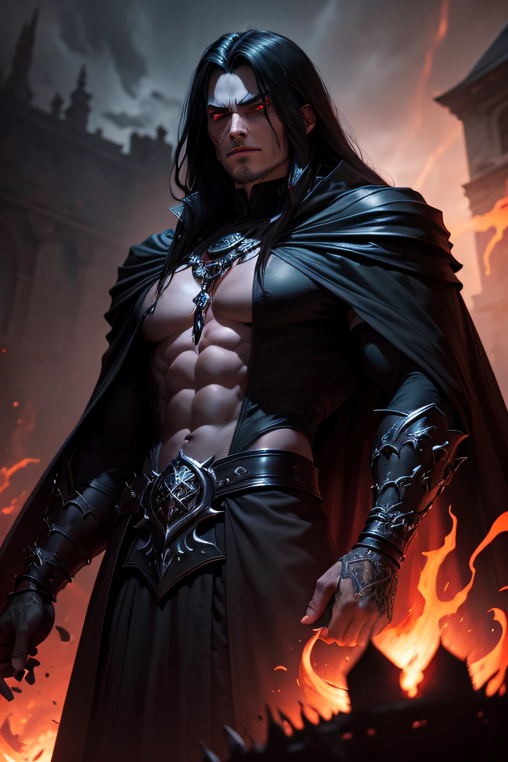 Four eye, well built, male demon, with long horns, black long hair, with a hood over head, with a see through black top, with black pants, black boots, demonic tattoos, and a black spiked choker, anime style