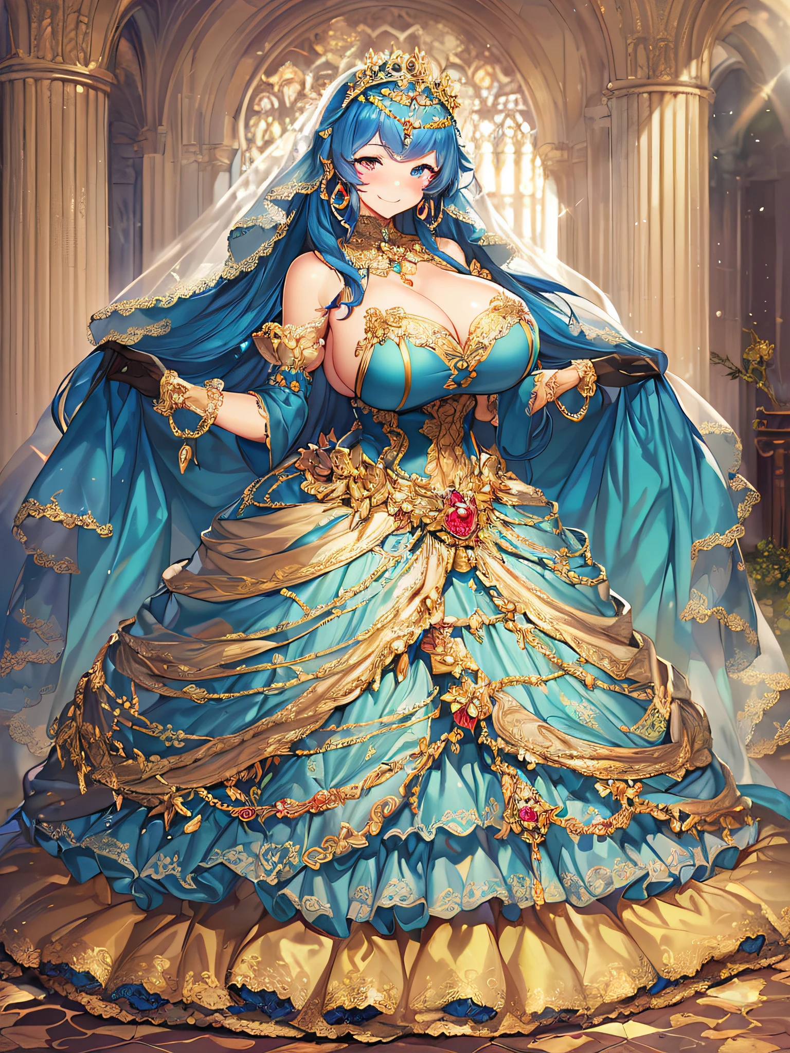 ((Anime Art Style)),(masutepiece),(Best Quality), (Super Detail),((Very delicate and beautiful)),((Full body portrait)),((Stand in the garden)),((Solo)),(((One princess in very gorgeous princess Rococo ballgown with voluminous full length hoop skirt))),(enormous Crinoline Hoop Skirt),Long Train,Gorgeous embroidery and jewelry,(((very very gigantic boobs,Skindentation))),((large amount of straight hair,extremely voluminous Hair,Very Long Straight Hair)),(finely detailed face and eyes),((Seductive smile,embarrassed)),(extremely gorgeousfull hair ornament,very gorgeous tiara adorned with bling-bling jewels),Glitter Gorgeous Gemstone Jewelry,Gorgeous Long Veil,(opera gloves),(Beautiful background),(Full body),((gorgeous princess Rococo ballgown with voluminous full length hoop skirt)),