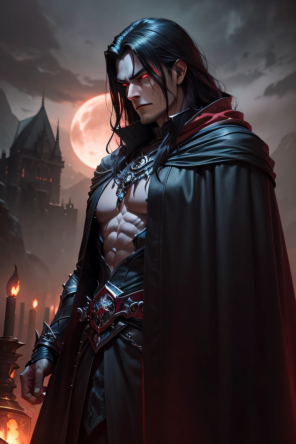 a dark muscular male evil lord, long flowing black hair, black and red cloak, piercing red eyes, menacing expression, powerful aura, standing in a dimly lit chamber,, casting eerie shadows, , adorned with intricate details, with a sinister grin, exuding an aura of darkness, with an intimidating presence, in a gothic castle, with imposing architecture, shrouded in mist, under a blood-red moon, with a storm brewing in the background, creating a foreboding atmosphere, reminiscent of a dark fantasy novel cover, with a dramatic lighting, emphasizing the contrast between light and shadow, evoking a sense of mystery and danger, with a touch of supernatural elements and captivating artistry."