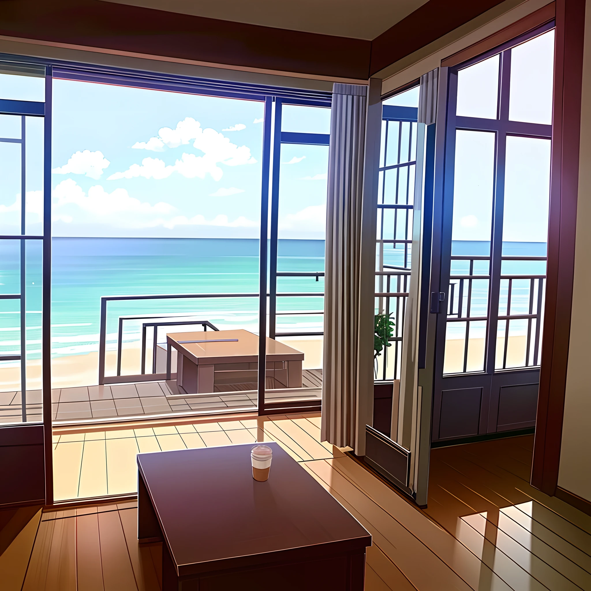Homens em um quarto de apartamento com vista para a praia, Analyzing Financial Market Charts and Drinking Coffee