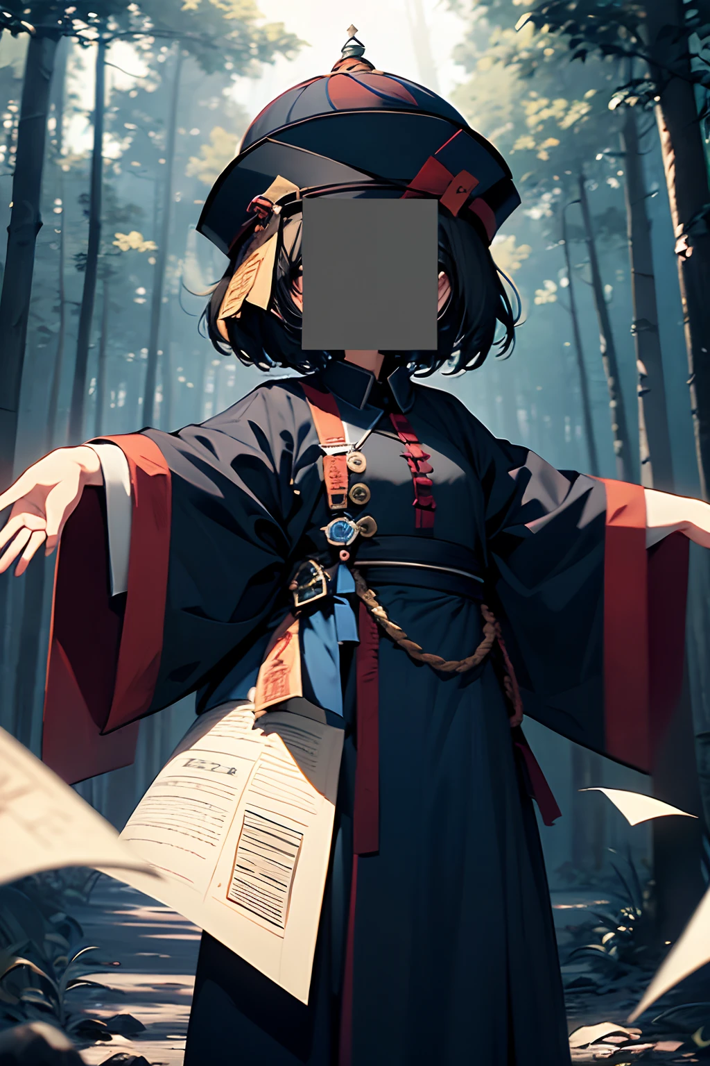 “Woman, short hairstyle, piece of paper on face, paper on face, in a forest, black clothes, Quionshi, Jiangshi, Blue souls in the air, 4k, standing, 4k, outstretched arms