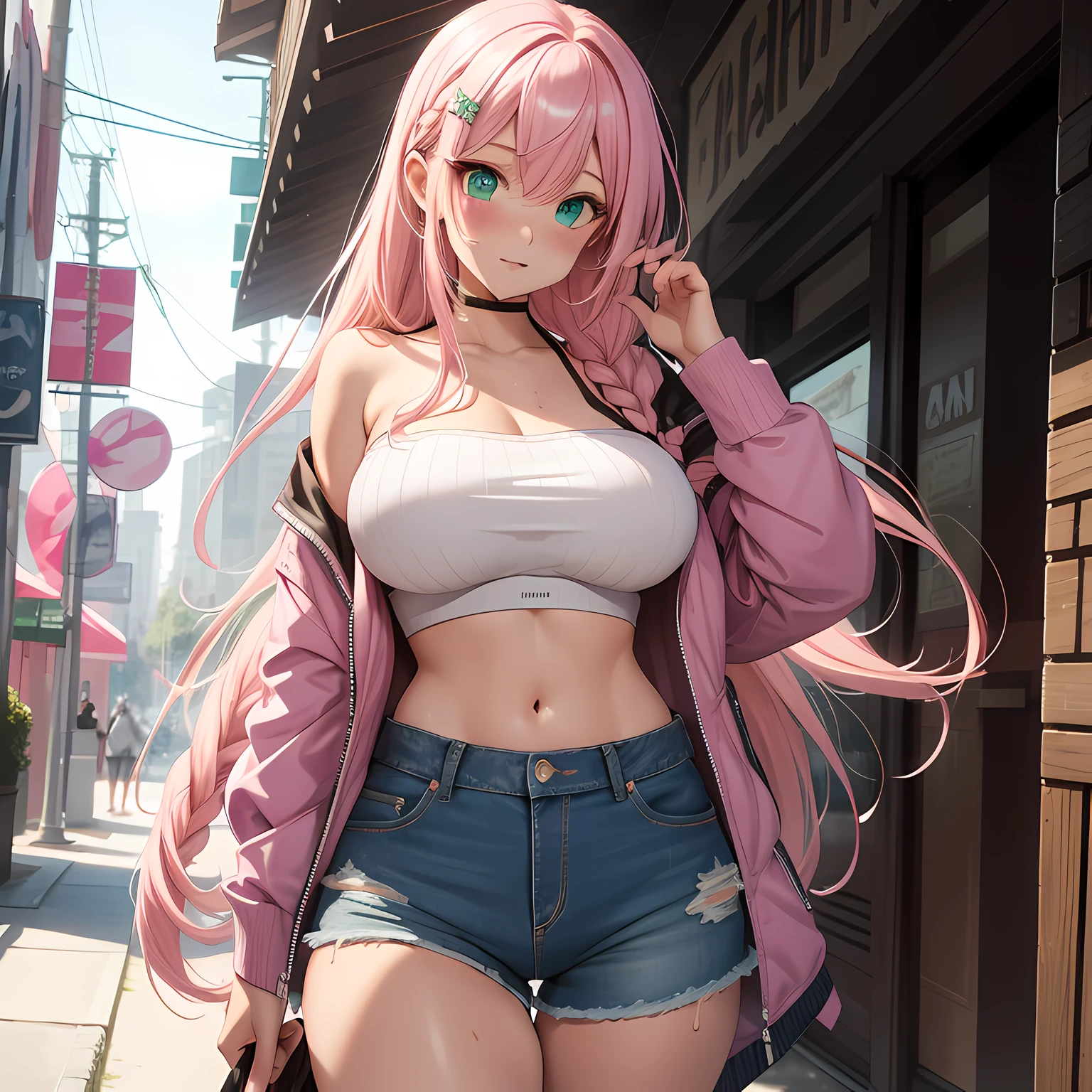 Zero two darling in the franxx, 1 Girl, underboob, naked boobs, big boobs, black X sticker on nipples, smiling to the camera, bunny pose, sexy pose, view from below, view from front low, low view, micro mini skirt, stocking, perfect body, we see her slim fit ass, wet ass, pink hair, she is at a street Day light ciberpunk City, 8k, real skin, realystic, hdr, Ultra resolution, light leaks