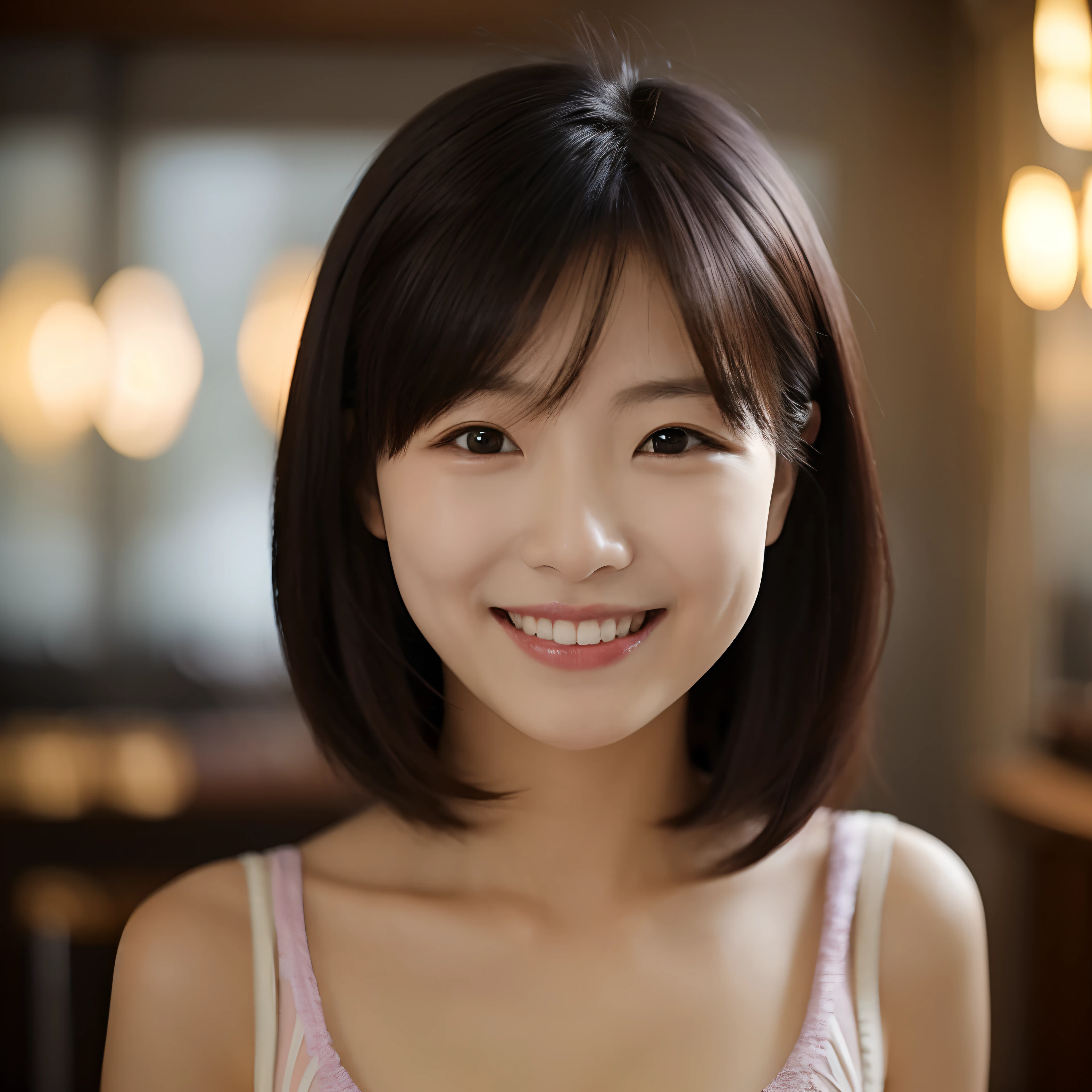 A dark-haired,Hair length to shoulders,Height 150cm,eyes large,二重まぶた,There is a distance between the eyes,Standard body shape,a smile,Underwear,upright immovable,In a well-lit room