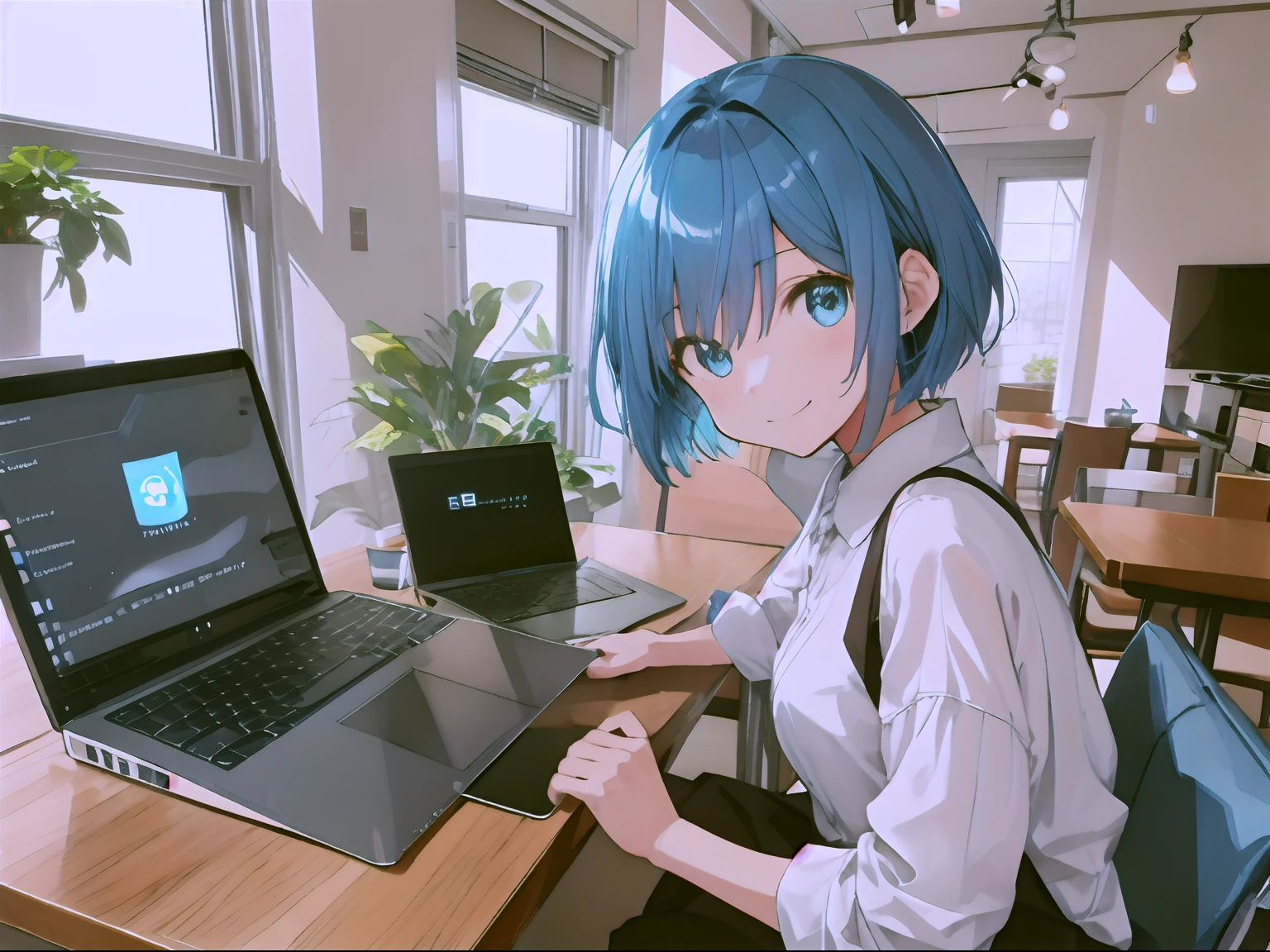 early evening、Indoor Coffee Stylish、Anime woman using laptop((Using a laptop on the table))、18year old、Upper body, mid-shot、 femele, Detailed eyes, ((Beautiful woman using laptop)), ,Short bob hair,Blue hair, Bangs,Everyday clothes、 Smiling smile、