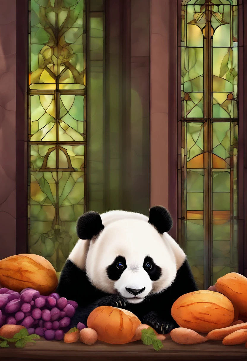 Fluffy Giant Panda，Sasa Panda、Extremely cute，Holding a Satsuma potato in his hand、Sweet potatoes、sweet potato、Sweet and delicious reddish-purple sweet potato、Stained glass with light as a background，Colorful space as decoration，Ultimate HD image quality