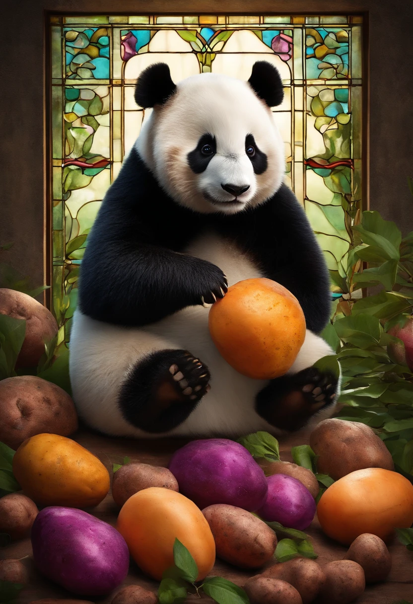 Fluffy Giant Panda,Sasa Panda、Extremely cute,Holding a Satsuma potato in his hand、Sweet potatoes、sweet potato、Sweet and delicious reddish-purple sweet potato、Stained glass with light as a background,Colorful space as decoration,Ultimate HD image quality