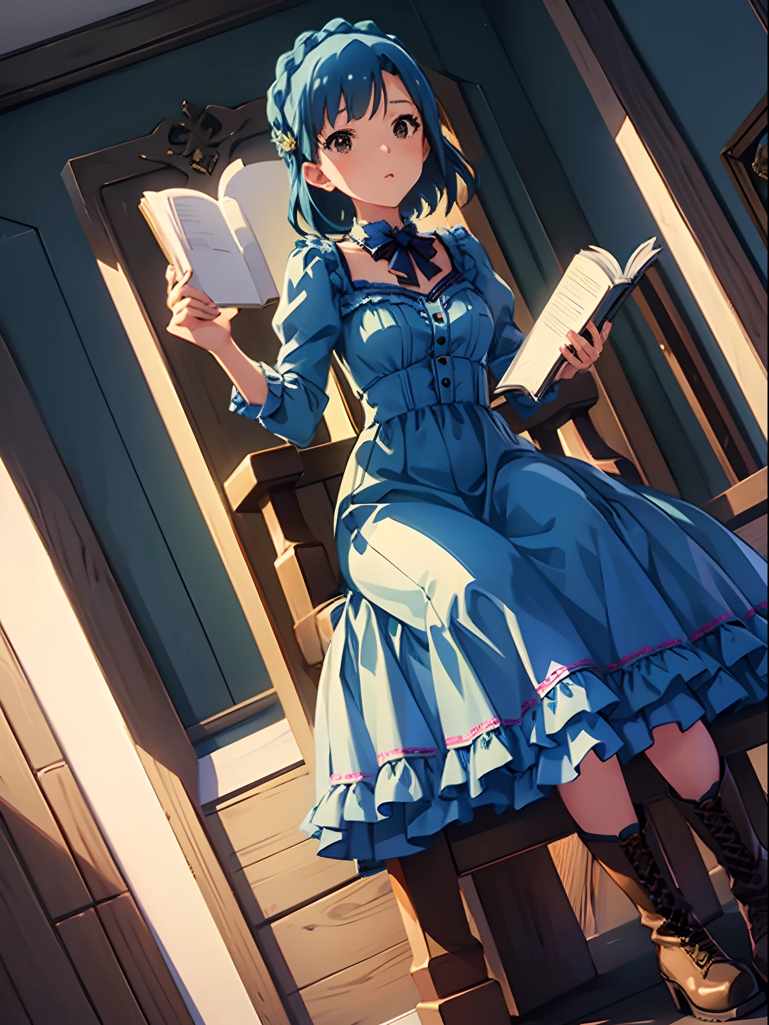 yuriko nanao (million live), 1 girl, solo, best quality, high resolution, 8k, wallpaper, ultra-detailed, full body, from below, vintage dress, maxi dress, collared dress, green dress,sitting on the chair, reading a book, laced up boots, blown boots,