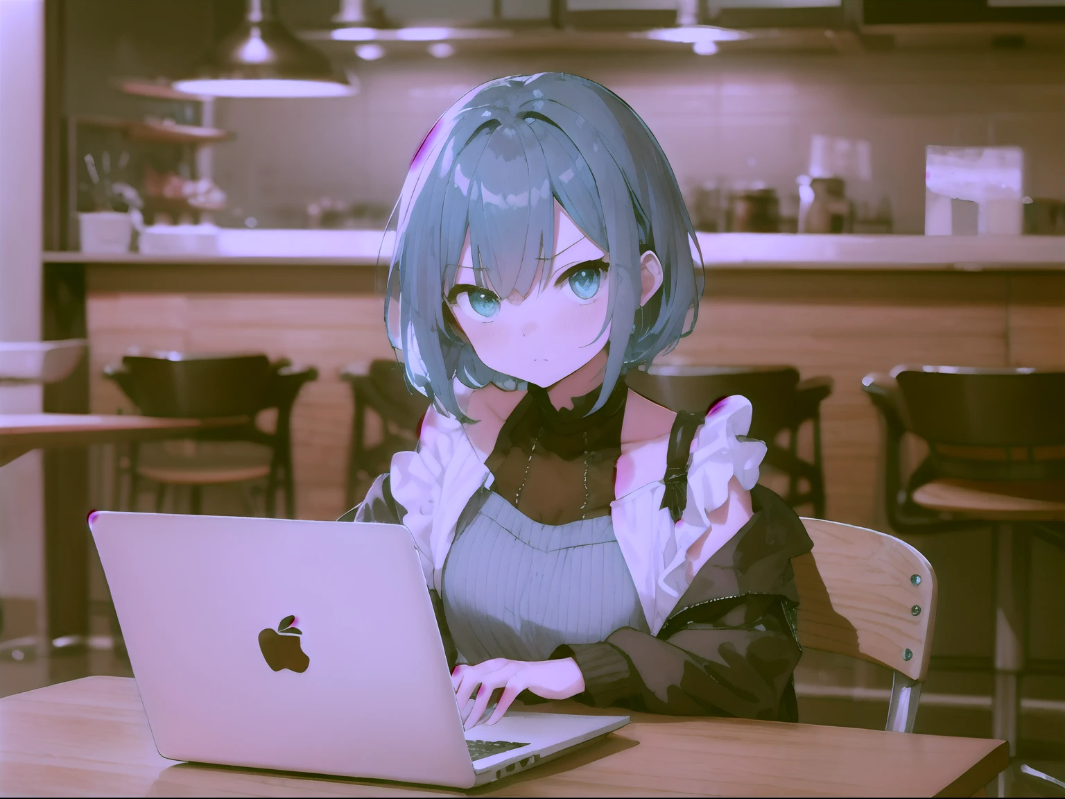 early evening、Indoor Coffee Stylish、Anime woman using laptop((Using a laptop on the table))、18year old、Upper body, mid-shot、 femele, Detailed eyes, ((Beautiful woman using laptop)), ,Short bob hair,Blue hair, Bangs,Everyday clothes、 angry looking face、pouty