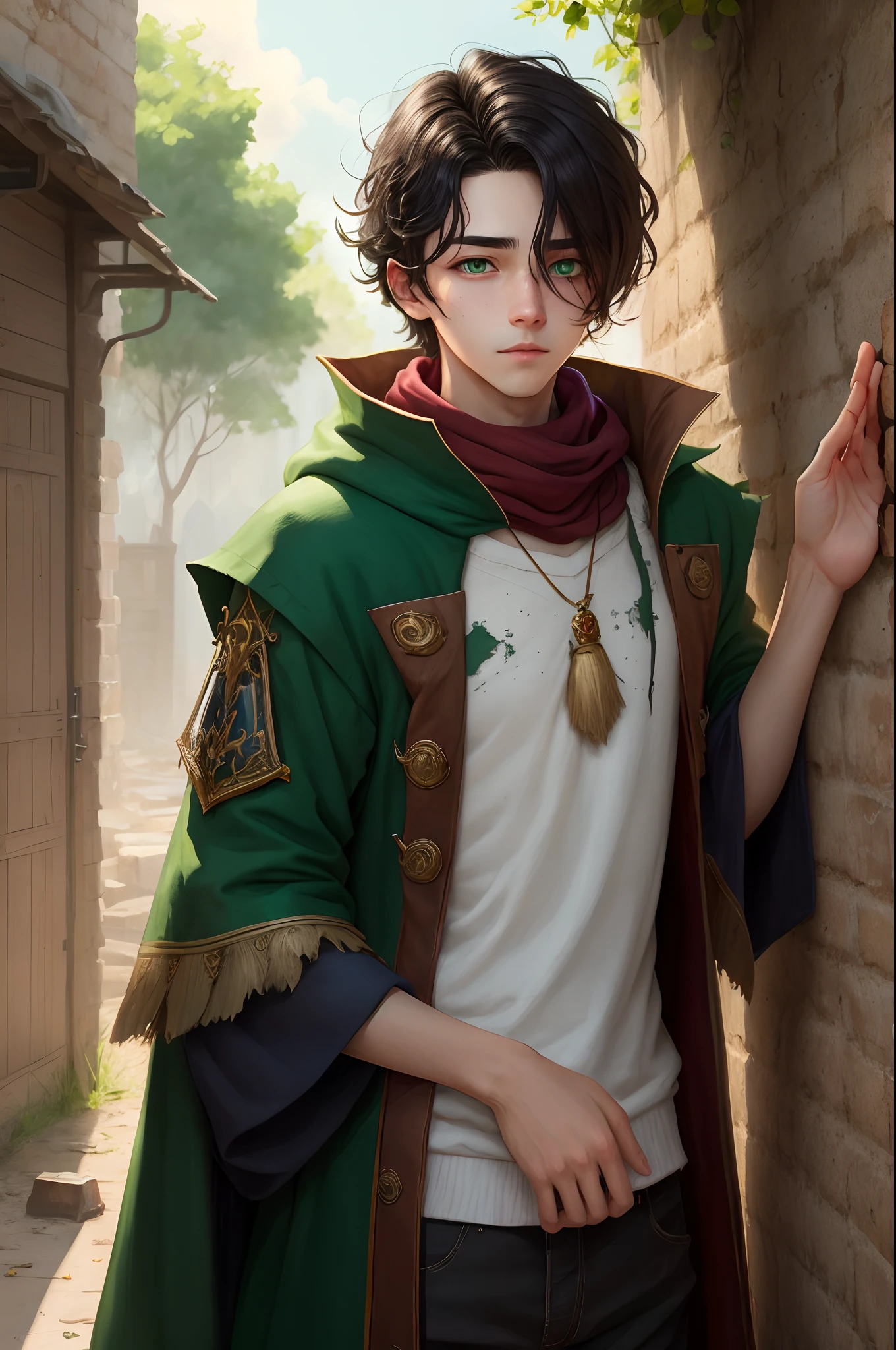 Wizard, student, dark hair, eye covered, eye bags, bad posture, shy, holding a book, male, fantasy, green eyes, poor, dirty, detailed ,tattered clothing, 1 boy