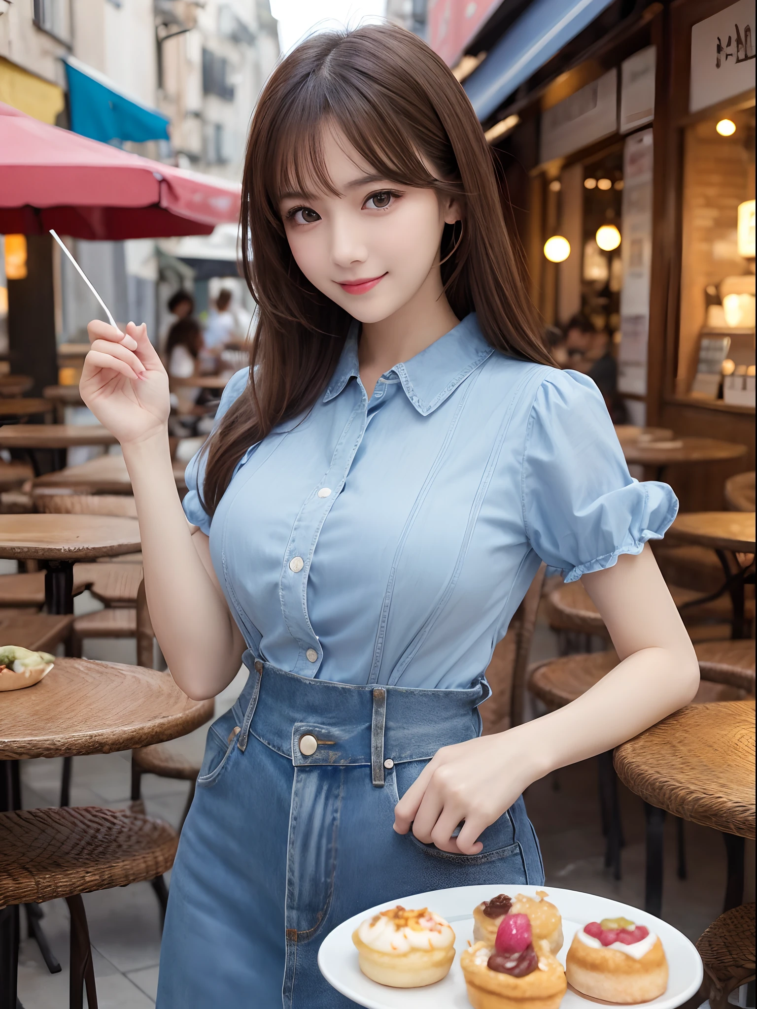 masutepiece、Best Quality、 ultra-detailliert、hight resolution、8K Wallpapers、Perfect dynamic composition,、Beautiful detailed eyes、(Beautiful breasts:1.1)、Wallpaper, ((Perfect whole body configuration1.5)), Beautiful detailed eyes、Light blue Jean shirt、1girl in、a beauty girl、Various hairstyles、Brown hair、cafe terrace、Eat sweets in a large glass deliciously、Make sweets stand out、A smile、date