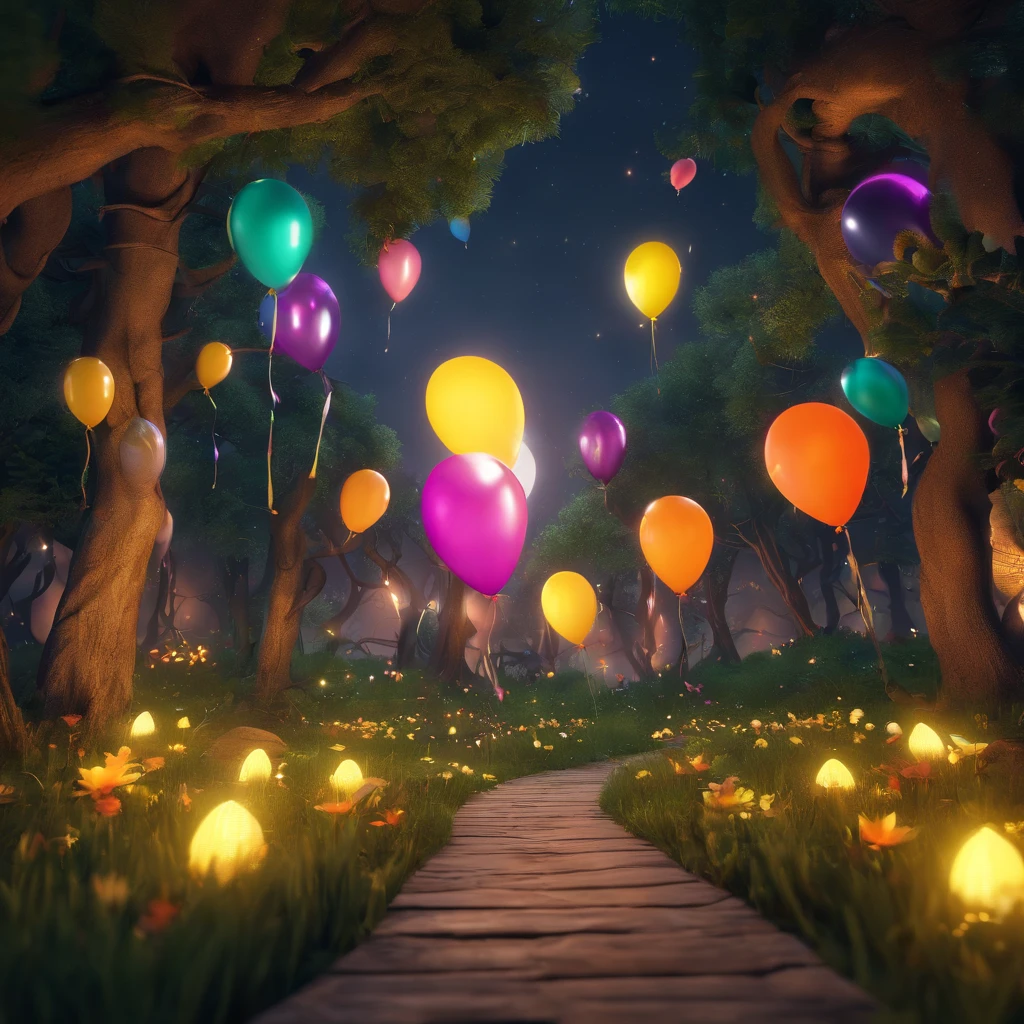 An enchanted forest with birthday balloons in the background, Fireflies flying and a moon in the sky