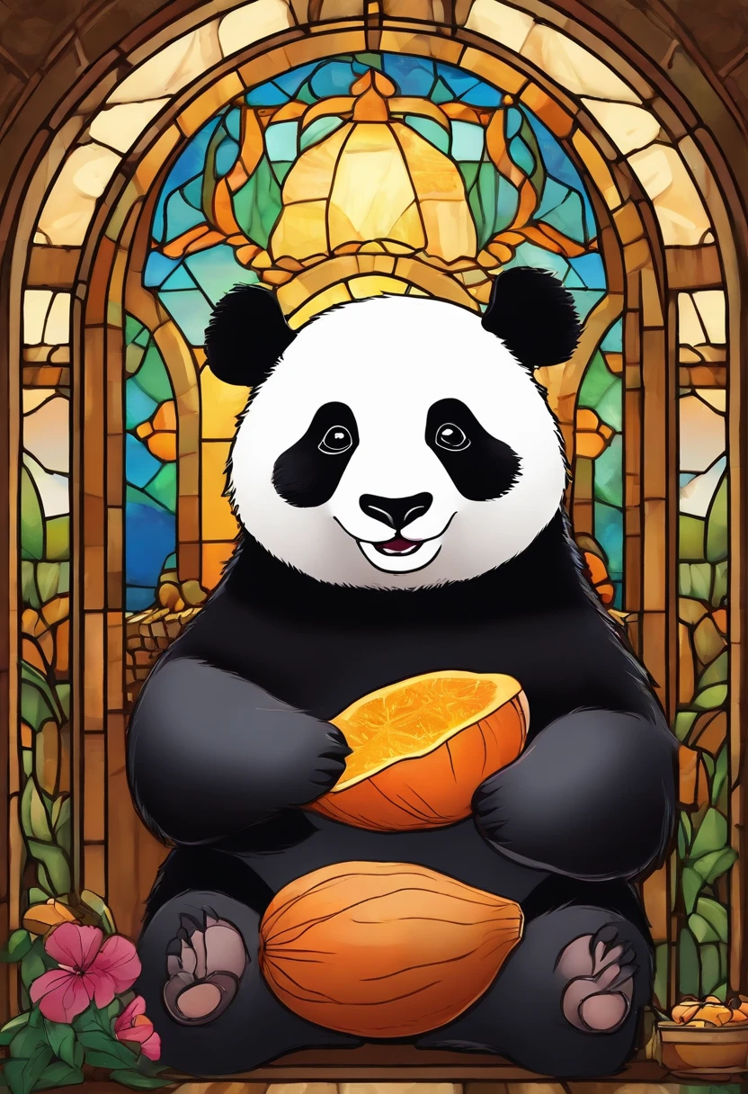 Sweet potatoes、Fluffy Giant Panda，Sasa Panda、Extremely cute，Holding a sweet potato in his hand、Satsuma、Stained glass with light as a background，Colorful space as decoration，Ultimate HD image quality