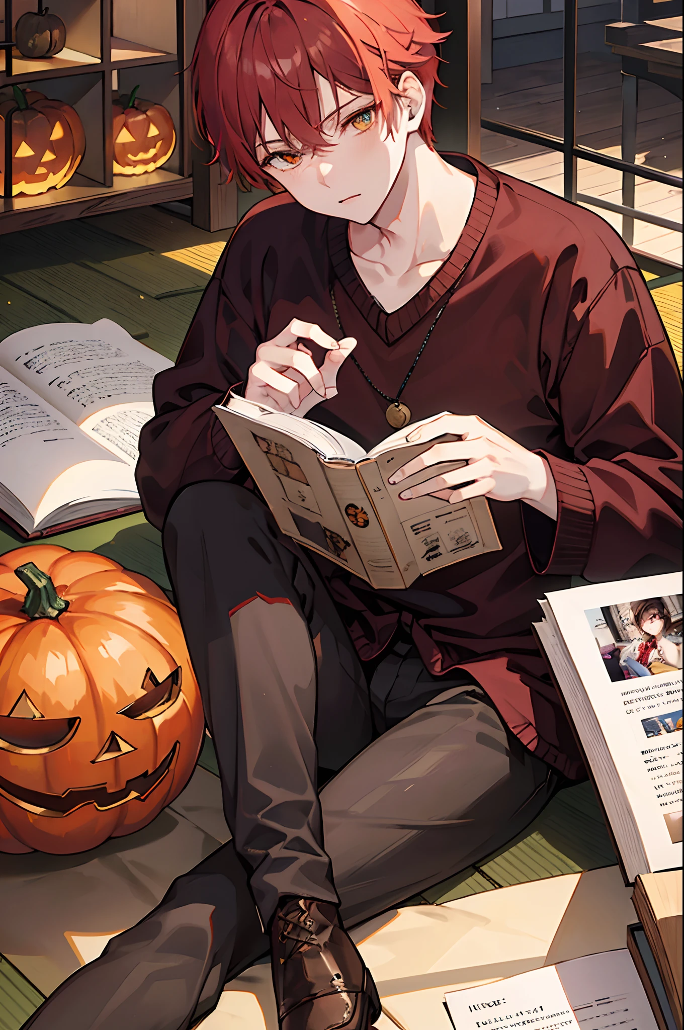 male people 　Red shorthair　yellow  eyes　Sweaters　Brown Slacks　long boots　Japanese houses　Sitting in the room、Reading a book　Halloween　​masterpiece　Top image quality　Clear Parts Cinematic Shadows　Increased attractiveness of the eyes　Clear the shine of the eyes　Draw eyelashes neatly　Perfect Eye　A detailed eye　Sharpen image quality　Sharpen eye writing　Clear eye shape