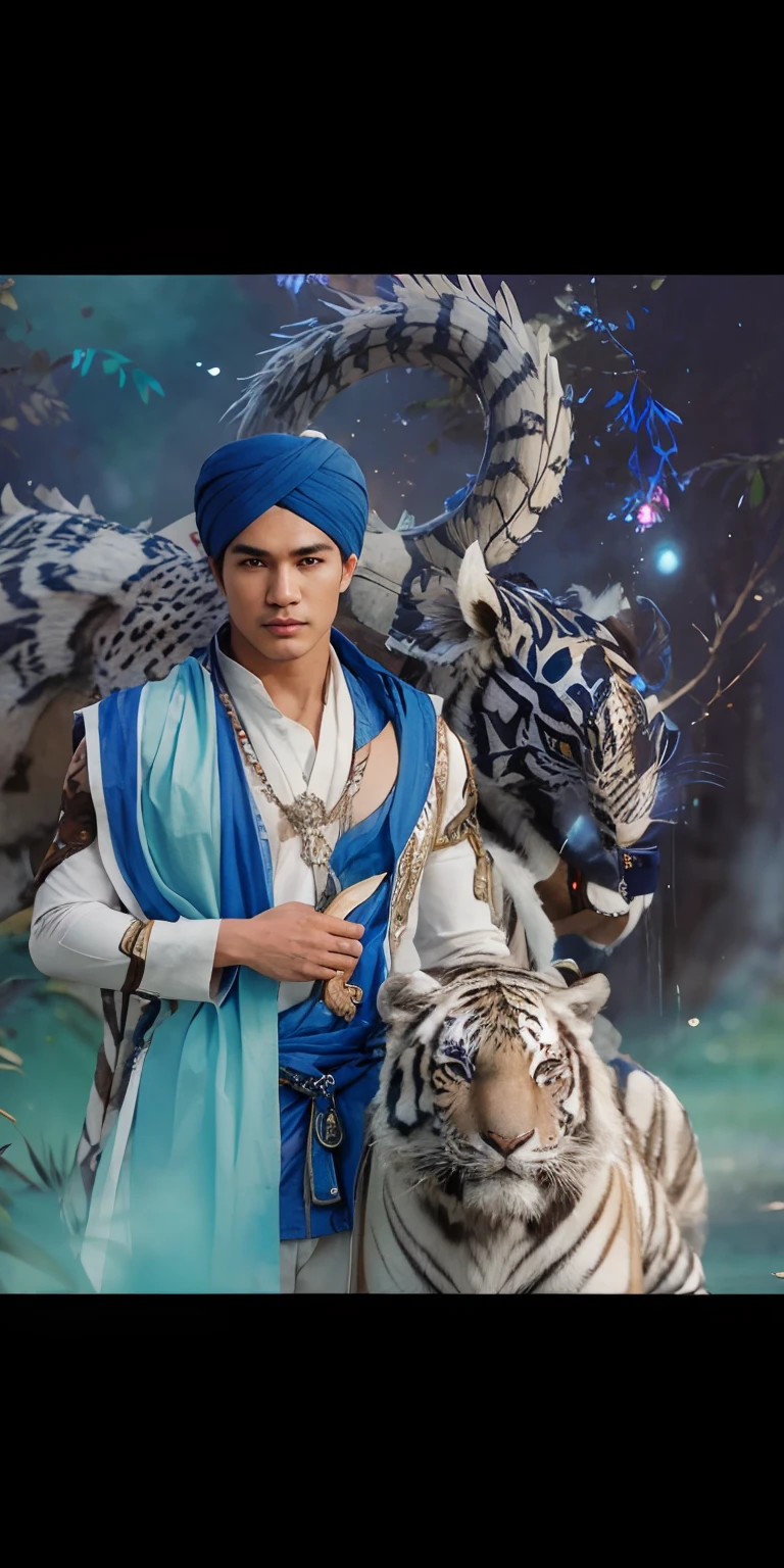 Man in blue turban and white tiger skin on shoulder, white skin, Mario Maurer, Prabu Siliwangi, prince, blue white sarong , white tiger, white dragon, medium:illustration,3d rendering,photography,realistic,highres,best quality,portrait,landscape,vivid colors,detailed face and eyes,traditional clothing,regal posture,royal background,forest scenery,concept artists,soft lighting,subtle colors.