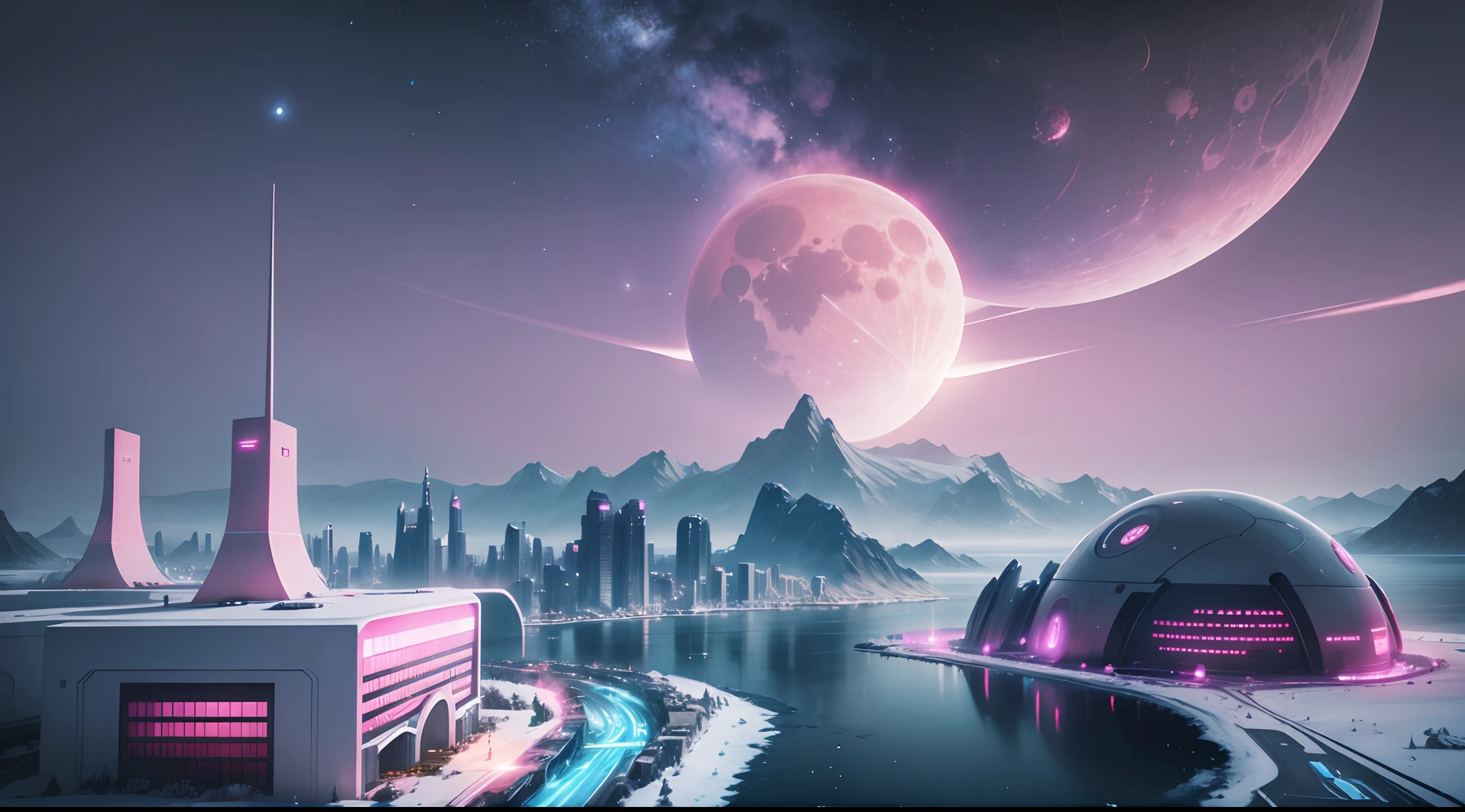 futuristic city, 24th century, arctic, sea, galactic sky, ethereal landscape, spaces, planets in the sky, pink moon, soft lighting