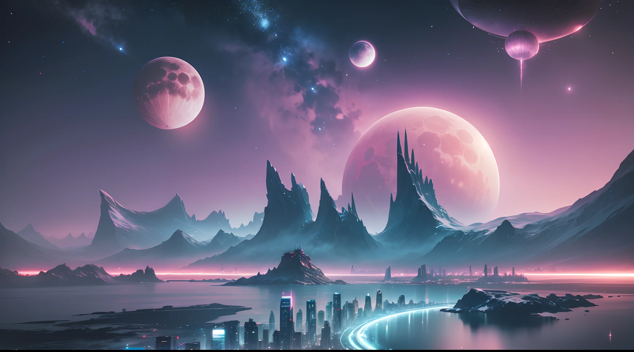 futuristic city, 24th century, arctic, sea, galactic sky, ethereal landscape, spaces, planets in the sky, pink moon, soft lighting
