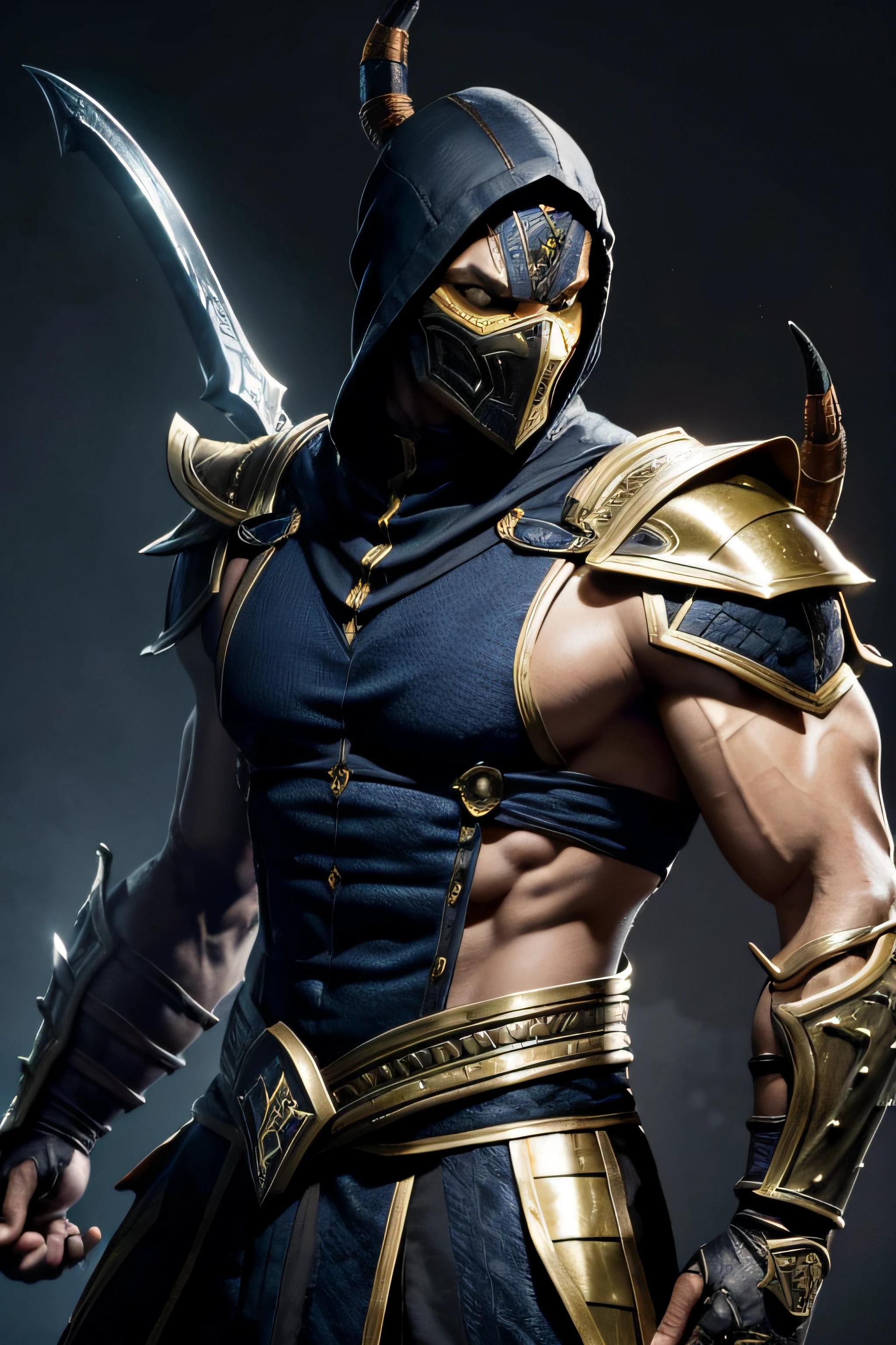um close up de um homem com uma espada, Deadly Kombat Scorpion, Personagem de Kombat mortal, Close-up de corpo inteiro, imagem detalhada, armadura preta cbrindo todo o corpo ,com detalhes amarelos, whole body view, Kombat mortal , detalhes precisos, naja, scorpioarmor, em mortal kombat, Marcos Schultz, Weta