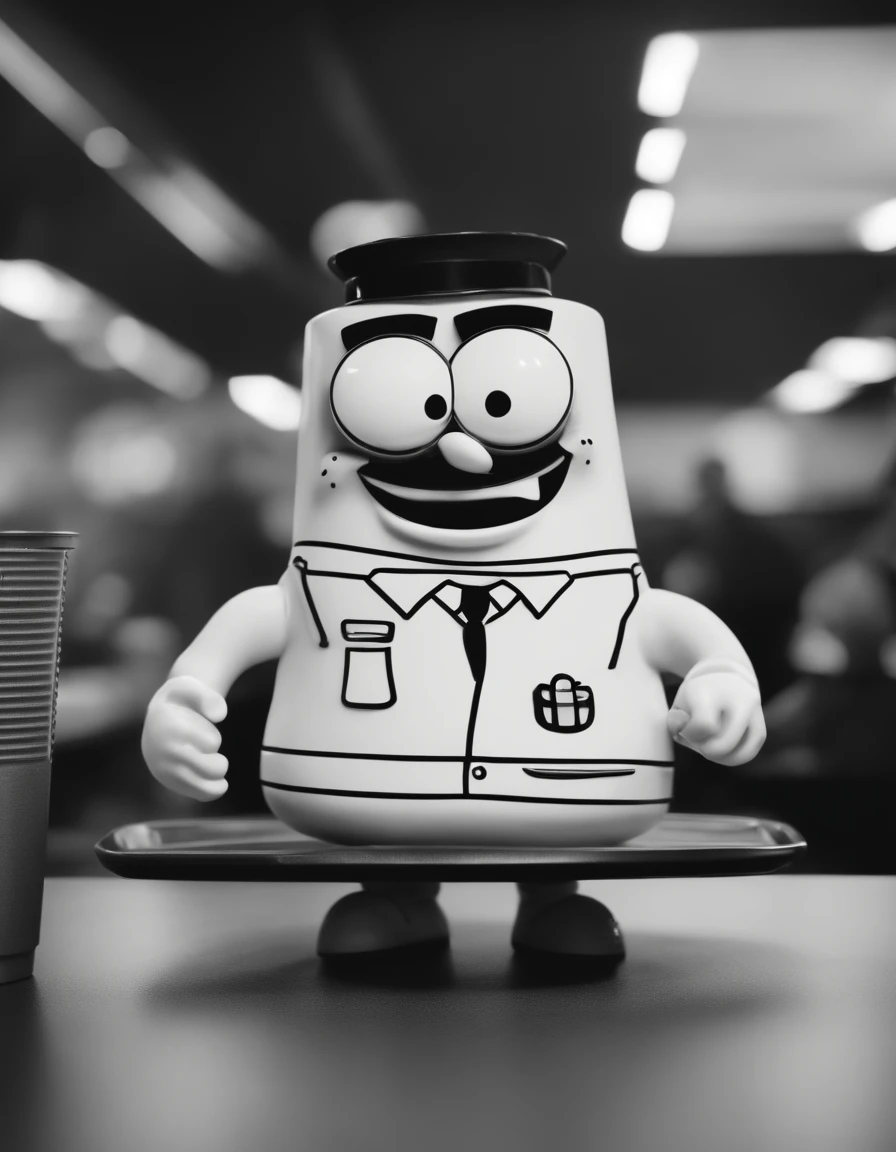 8k realistic, security camera footage, spongebob ordering food at burger king, everyone is affraid, realistic, black and white