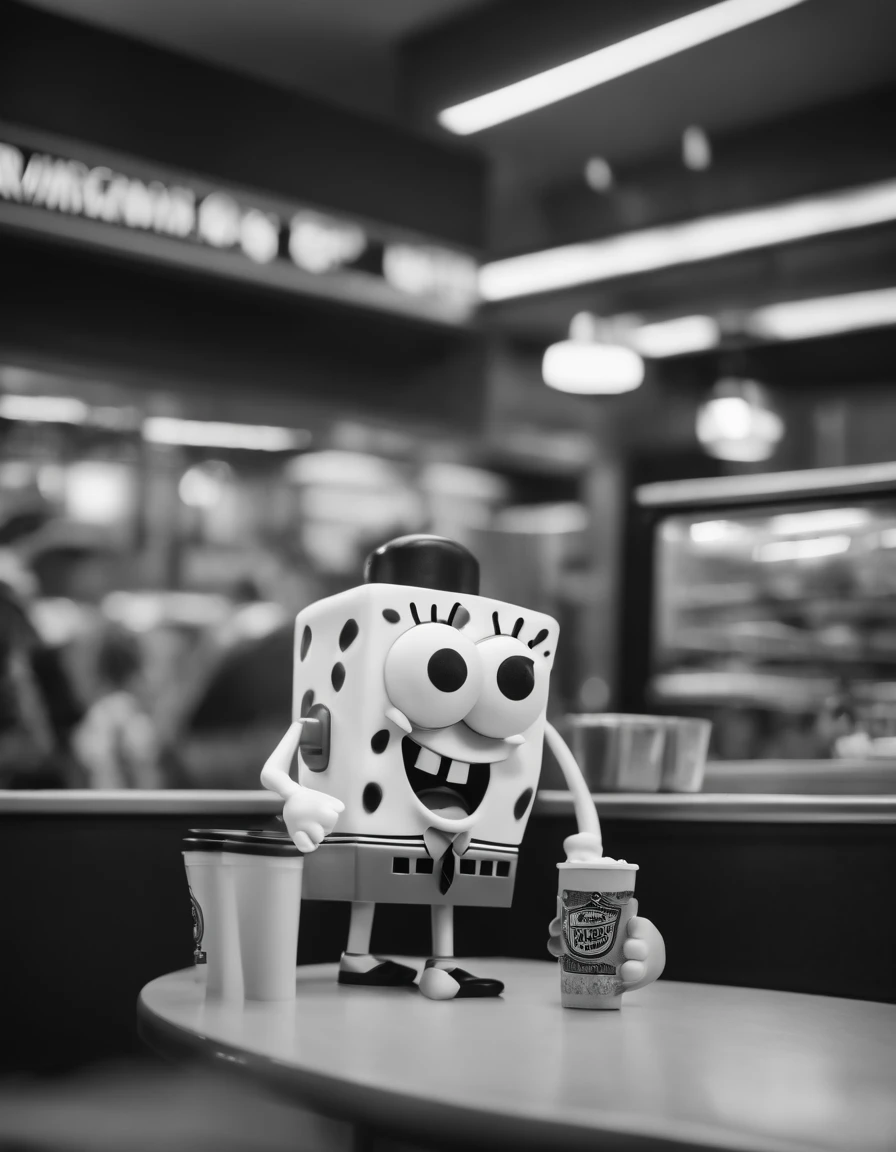 8k realistic, security camera footage, spongebob ordering food at burger king, everyone is affraid, realistic, black and white