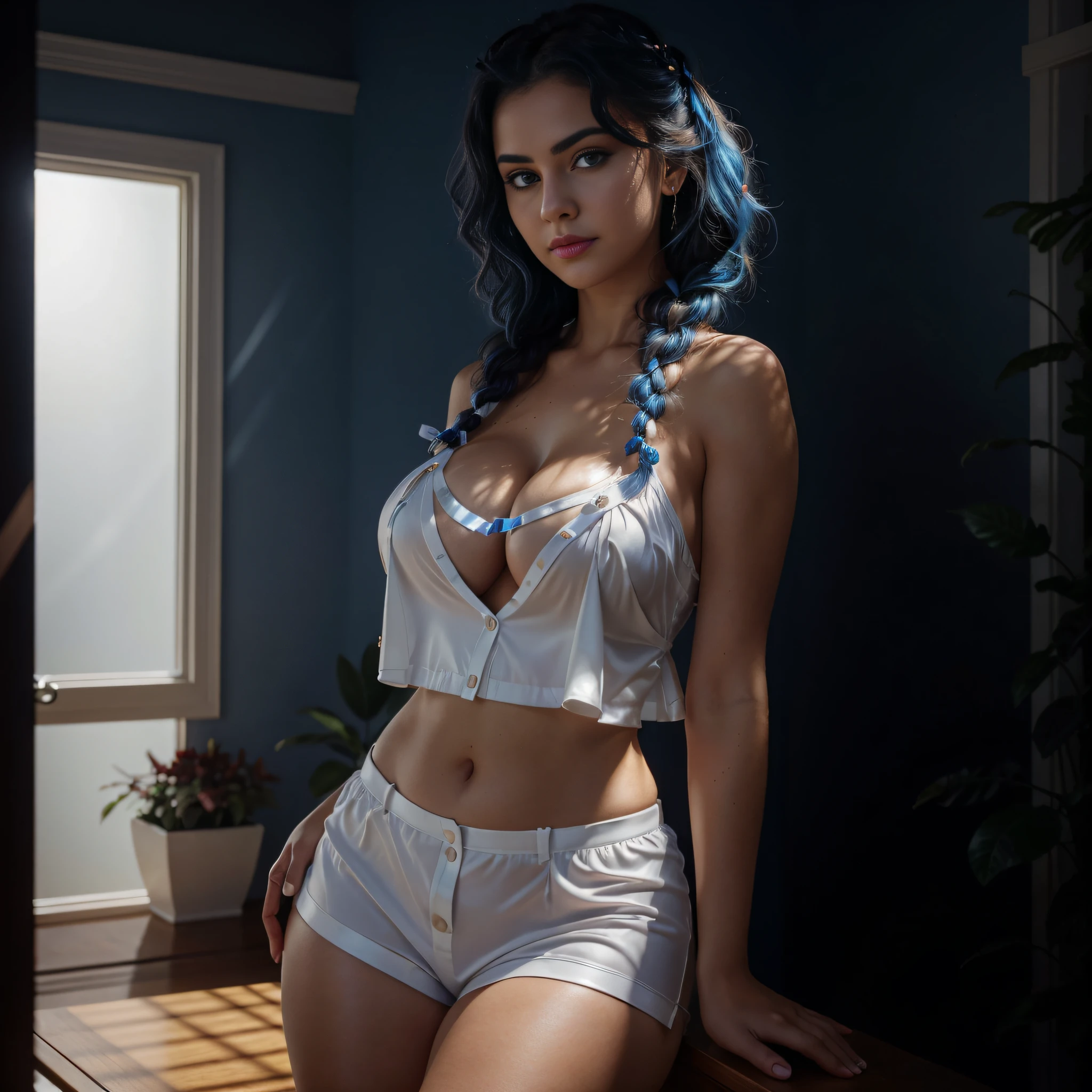 (best quality, masterpiece), (realistic lighting with shadows), huge file size, high resolution, elegant, realistic, intricate details, (perfect anatomical depiction of the human body), one busty woman, round eyeglasses, ( (miraculous super big breasts)), she's a Syrian woman, ((beautiful and bright blue eyes with shining highlights)), her attractive fleshy thick lips are glossy ,red lipstick, Blue curly hair dancing in the wind, Braided half-up hair shining in the backlight, wearing bdsm outfit, The clothes are neat and clean blouses and the color is white. , Wearing a crimson ribbon tie. The blouse, which is too tight due to her huge boobs, is supported by all the strong buttons. , The skirt is a leather black pleated, ((the girl's chest is not exposedl)), but you can clearly see that she has extremely large breasts, and she is very beautiful and looks like a goddess. This is a picture taken from the side, (It is a picture of a pouting cute expression .)
