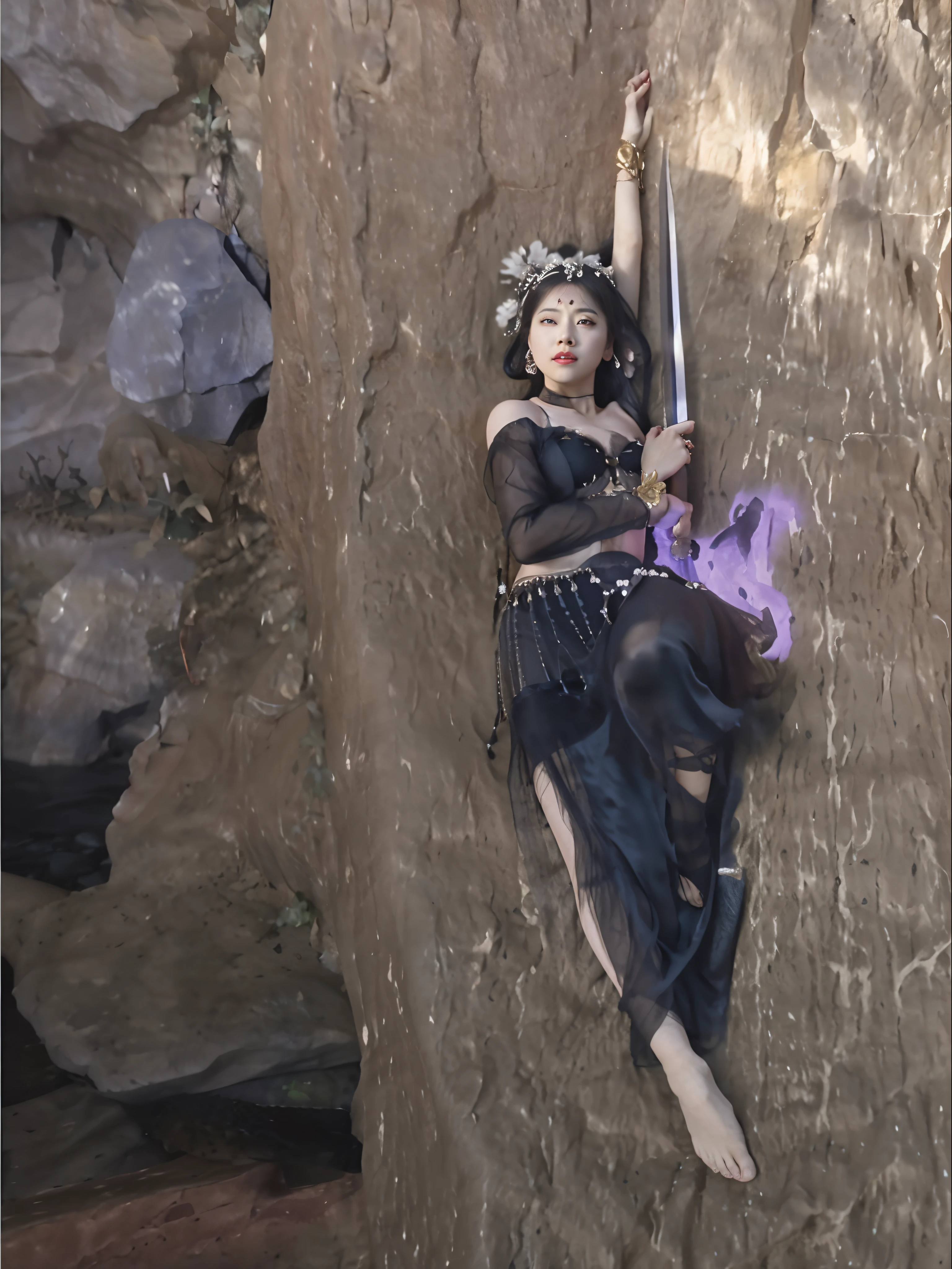 There is a slain Asian succubus lying on the ground with a sword, Wearing a black belly dance costume,She lay on her side, fantasy movie still, Dead succubus, With his eyes closed, Li Tang hairstyle,full-body wuxia, Big chest,cropped shoulders,open waist,Bare chest,show legs,heavy makeups,Enchanting seduction。Journey,long fingernails,lying on the ground, movie screencap,Lie outside the cave, full-body xianxia,!!!!