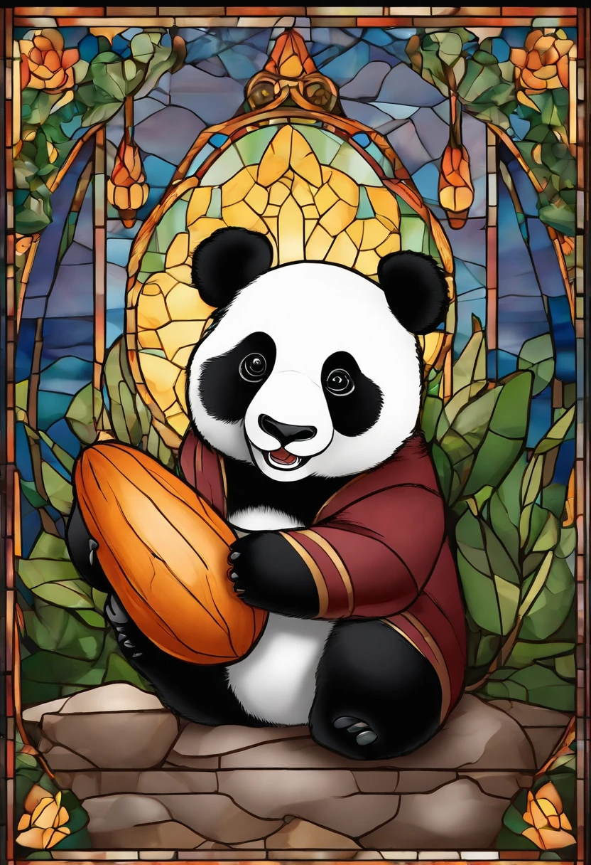 Fluffy Giant Panda,Sasa Panda、Extremely cute,Holding a baked sweet potato in a hand、Stained glass with light as a background,Colorful space as decoration,Ultimate HD image quality