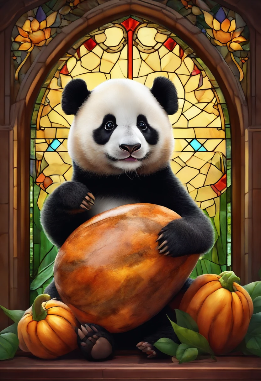Fluffy Giant Panda，Sasa Panda、Extremely cute，Holding a baked sweet potato in a hand、Stained glass with light as a background，Colorful space as decoration，Ultimate HD image quality