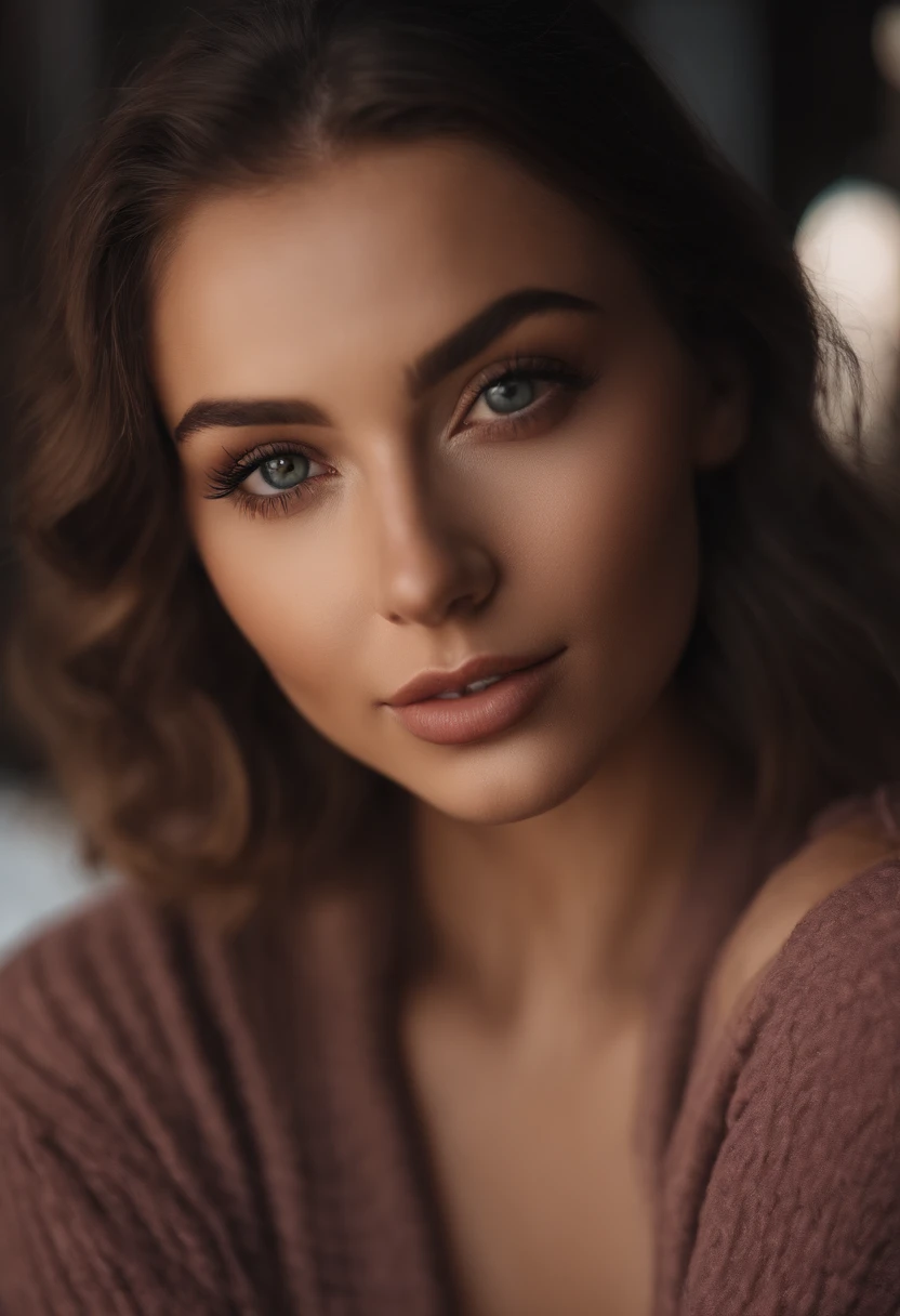 arafed woman with a beautiful winter outfit, sexy girl with brown eyes, portrait sophie mudd, brown hair and large eyes,bedroom eyes, violet myers, without makeup, natural makeup, looking directly at the camera, face with artgram, subtle makeup,selfie at the bar, cleavage