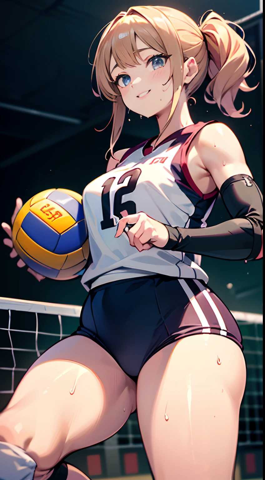 UHD, anatomically correct, 8k, (((masterpiece))), (((best quality))), (((ultra detailed))), (((high-resolution))), ((super fine illustration)), ((Ultimate cutie)), detailed beautiful face, solo, ((gyaru)), potbelly, ((curvy)), shiny hair, happy, smile, (blush),
BREAK, (((buruma))), ((sleeveless volleyball uniform)), ((elbow pad)), ((kneepad)), buruma, buruma,
BREAK, (((hold the Dirty spherical shape 6-inch volleyball in both hand))), ((sweat)), (perspired), (heavy breathing), sense of depth, in gymnasium, lighting, looking at viewers, (dynamic angle)