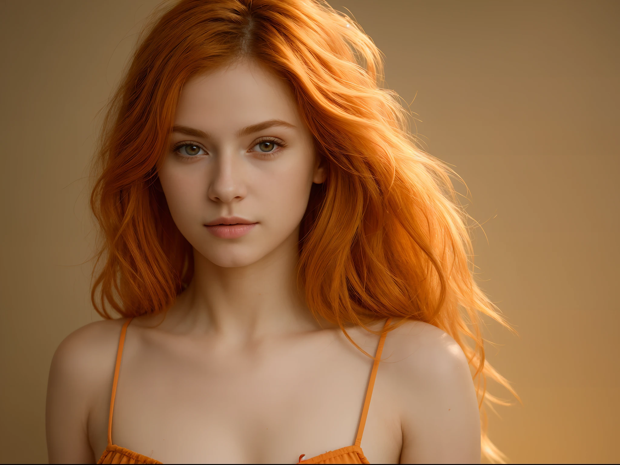 (((masterpiece))), girl 22 year old) (((Caucasian))) french girl with shoulder length messy hair, she is petite, best quality, illustration, 4K wallpaper, cinematic light, Absurdres, protrait of 1girl, orange crystal hair, glow hair, bloom hair, clothing princess, looking front