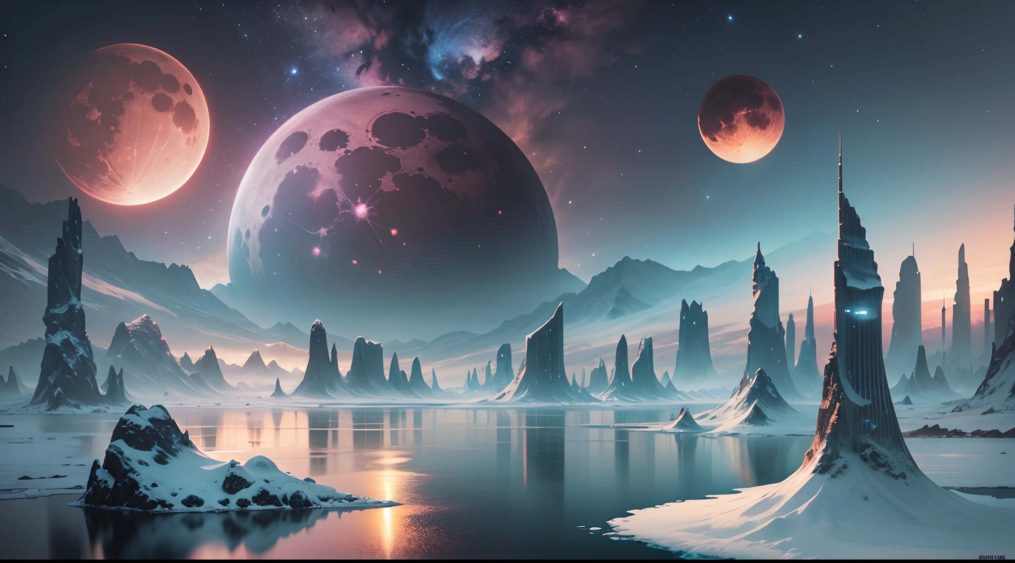 futuristic city, 24th century, arctic, sea, galactic sky, ethereal landscape, spaces, planets in the sky, pink moon, soft lighting