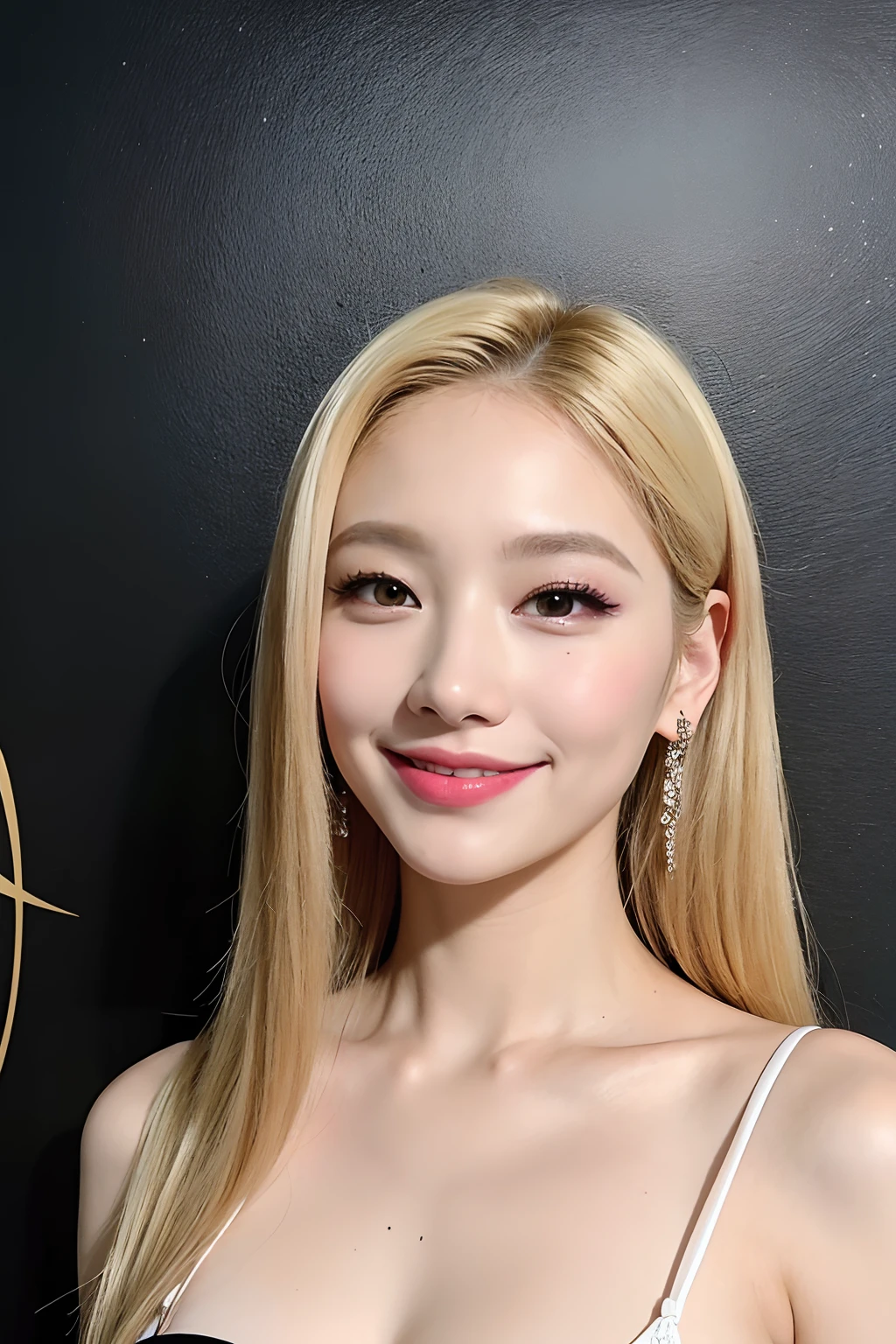 (extra detailed body、extra detailed face、best qualtiy:1.2)、femele、looking at the viewers、(a blond、Black dress、Fancy makeup、accessorized、a smile)、(Ukiyo-e painting wall in the background)
