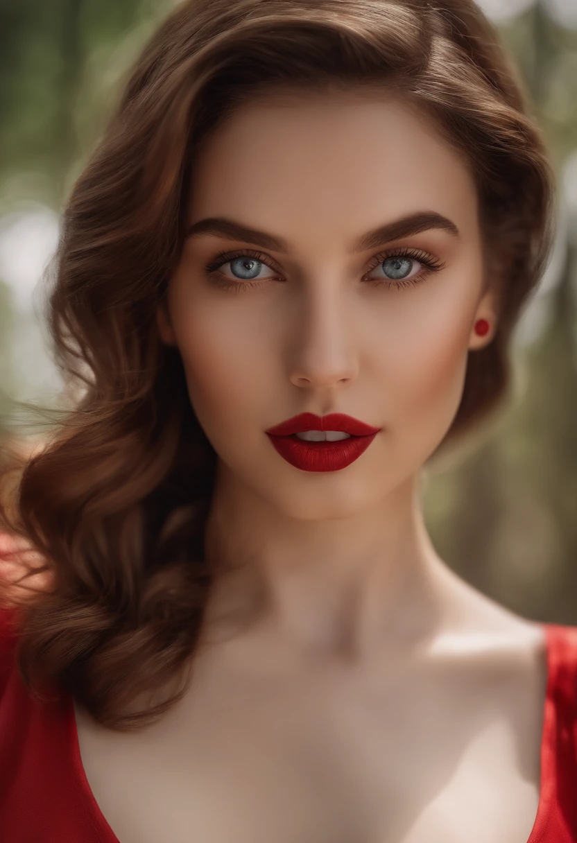 a close up of a woman in red lingerie, clothed in red lingerie, hyperrealistic schoolgirl, realistic schoolgirl, a hyperrealistic schoolgirl, realistic shaded perfect body, 🤤 girl portrait, perfectly shaded body, (nsfw) not safe for work, brown hair, blue eyes, red lips, short hair, pale skin