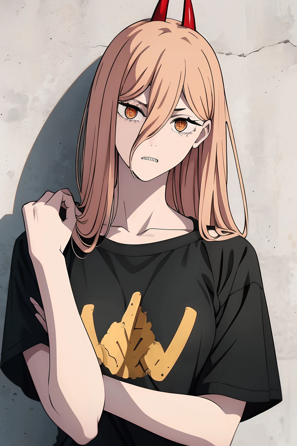 power_chainsawman, power_csm, blonde hair, yellow eyes, cross-shaped pupils, symbol-shaped pupils, red horns, sharp teeth, long bangs, 1girl, solo, Black T shirt, black shirt, T-shirt, loose shirt, Black Slacks pants, standing, open pose, looking at viewer, facing at viewer, upper body, eye level, concrete wall background, plain concrete wall background, photoshoot, best quality, ultra detailed, beautiful, masterpiece, best quality