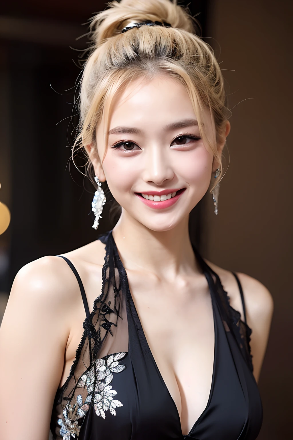 (extra detailed body、extra detailed face、best qualtiy:1.2)、femele、looking at the viewers、(a blond、Black dress、Fancy accessories、makeups、a smile)、(Ukiyo-e on the background)