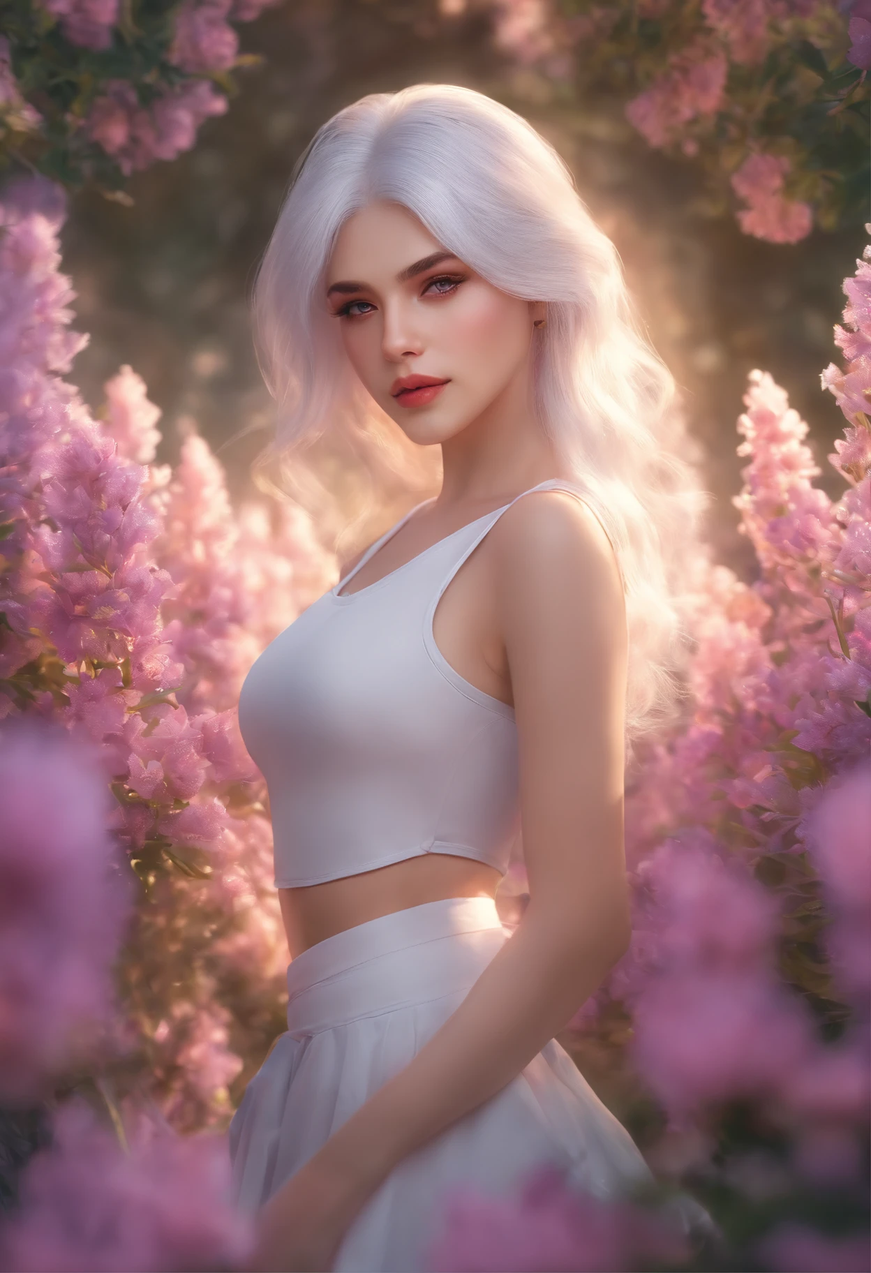 realistic, 1girl, white hair, purple eyes, glowing eyes, crop top, skirt, parted lips, blush, night, flowers, sun, sunlight,