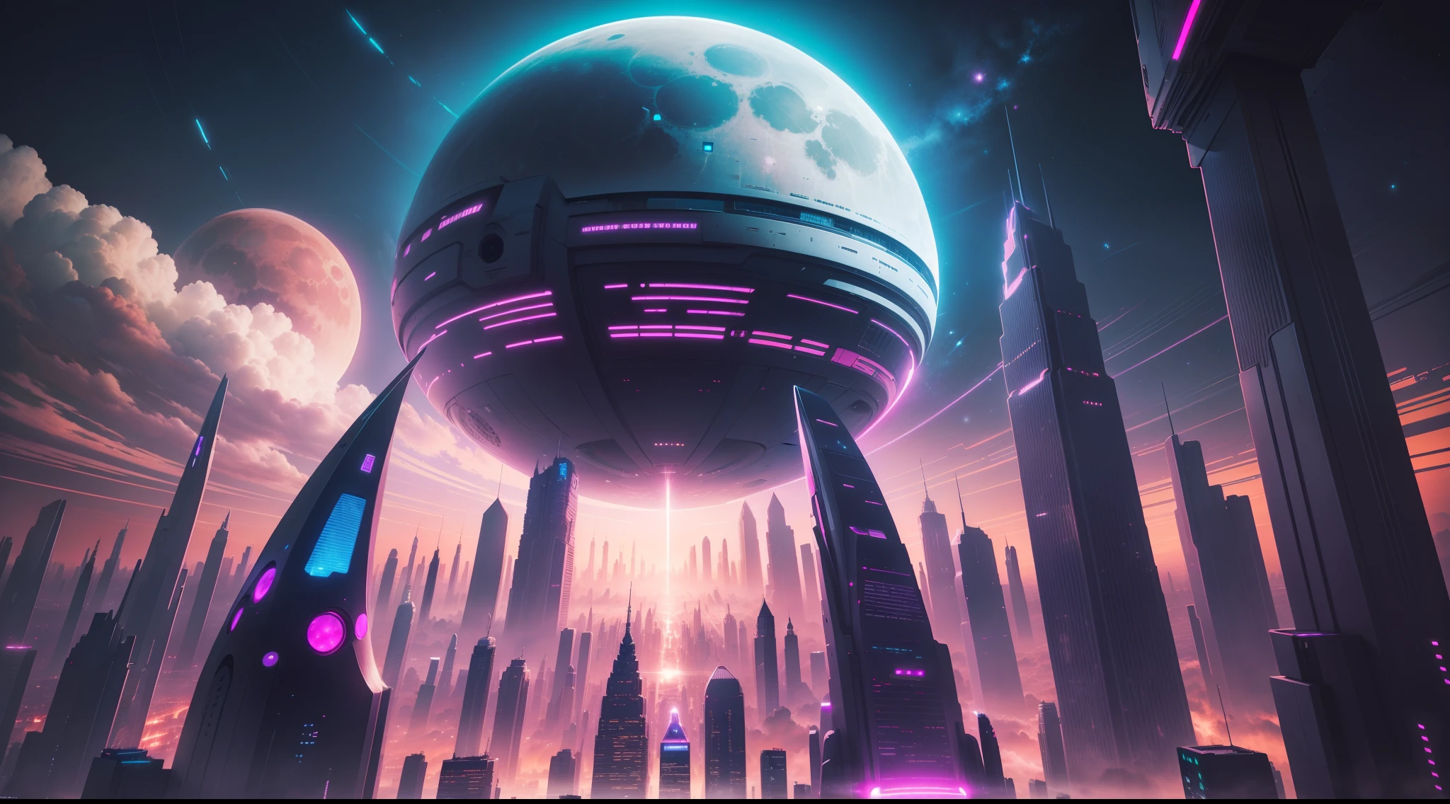 futuristic city, galactic sky, ethereal landscape, alien buildings, spaces, planets in the sky, pink moon, soft lighting, Future landscape, planet earth, Skyscrapers, SFArt Futuristic City, top-quality,masterpiece, 超A high resolution, dream
