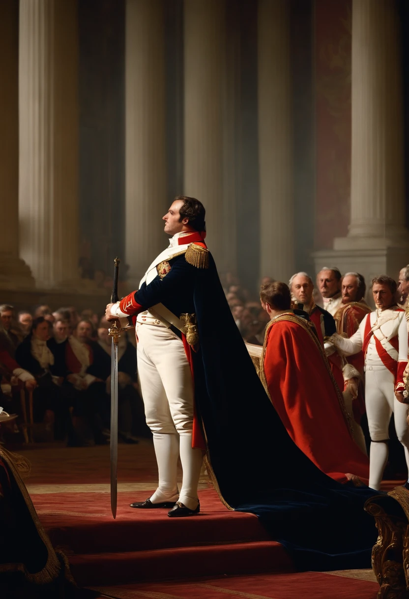 Napoleon, grand de taille, brandishing his sword making a speech to the assembly, cinematic