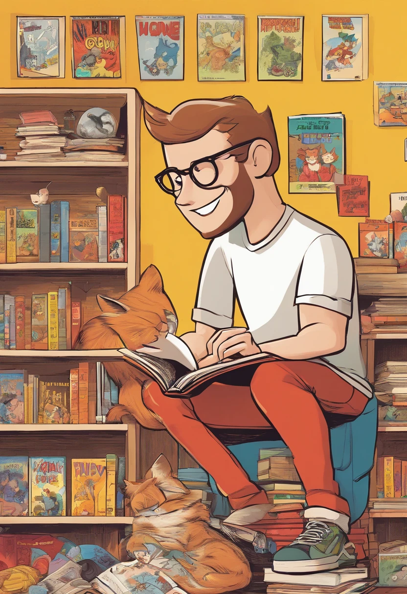 3D illustration reminiscent of a Pixar film poster with 'Donny', a mature man with round glasses, medium military-cut hair, and a very short, close-cropped black beard. He's in a red t-shirt with a white star, jeans, and All-Star sneakers, sitting on the floor with a joyful smile as he reads a comic book, surrounded by more comics. The background has a bookshelf with four natural-looking cats: a fluffy white one, a lean yellow one, a dense-furred black and white one, and a tabby. The movie title 'The World of Comics' is prominent, with cinematic details below.