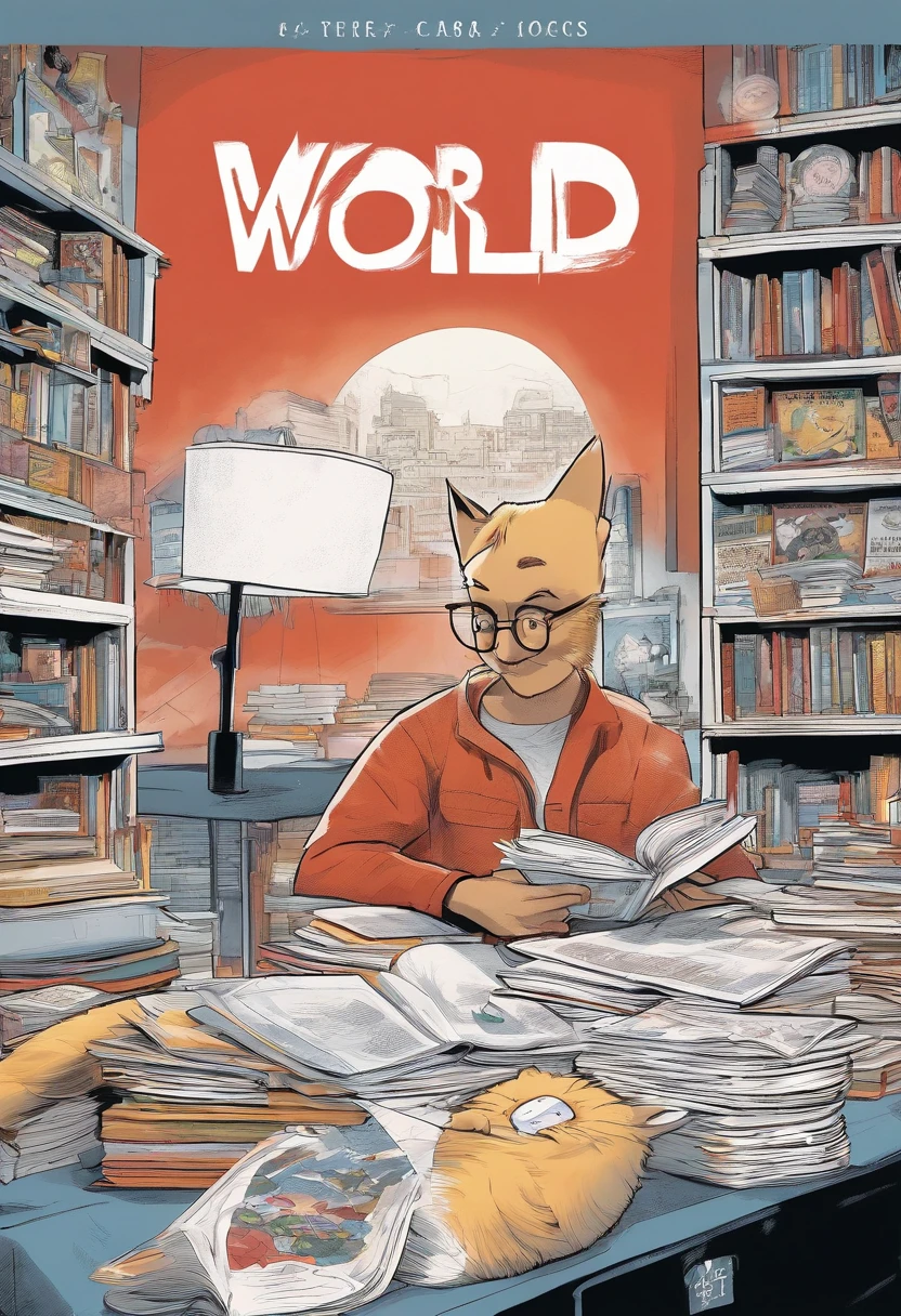 3D illustration reminiscent of a Pixar film poster with 'Donny', a mature man with round glasses, medium military-cut hair, and a very short, close-cropped black beard. He's in a red t-shirt with a white star, jeans, and All-Star sneakers, sitting on the floor with a joyful smile as he reads a comic book, surrounded by more comics. The background has a bookshelf with four natural-looking cats: a fluffy white one, a lean yellow one, a dense-furred black and white one, and a tabby. The movie title 'The World of Comics' is prominent, with cinematic details below.