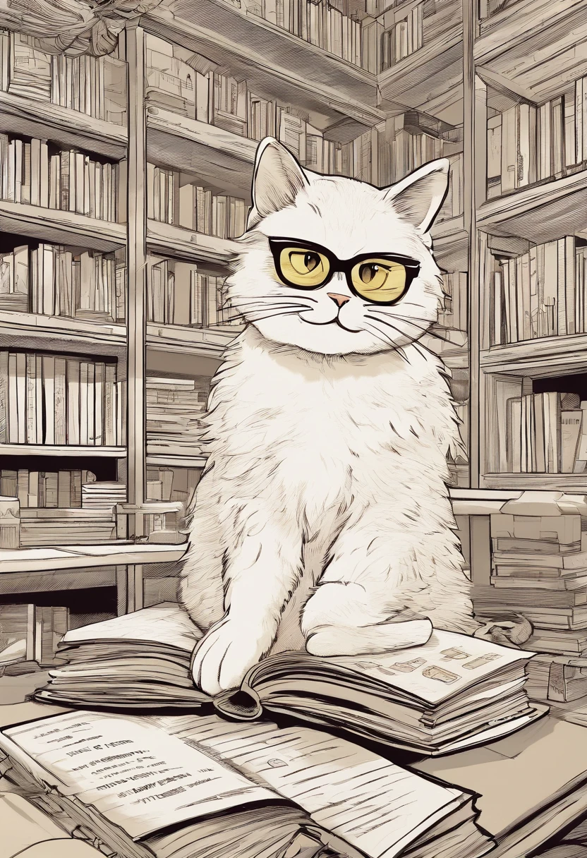 3D illustration reminiscent of a Pixar film poster with 'Donny', a mature man with round glasses, medium military-cut hair, and a very short, close-cropped black beard. He's in a red t-shirt with a white star, jeans, and All-Star sneakers, sitting on the floor with a joyful smile as he reads a comic book, surrounded by more comics. The background has a bookshelf with four natural-looking cats: a fluffy white one, a lean yellow one, a dense-furred black and white one, and a tabby. The movie title 'The World of Comics' is prominent, with cinematic details below.