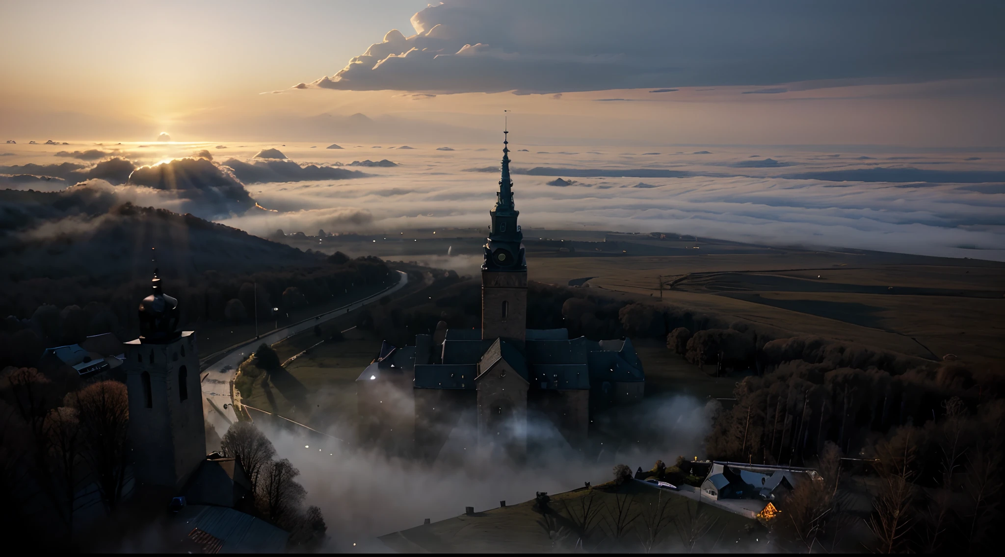 SCP-6198 The Black God Chernobog, from SCP lore, manifesting itself only around the village of Ciemność, Poland, slavic lore and mythos, stunning environment, dusk, mist, realistic, dramatic lighting, highly detailed, intricate, volumetric lighting, dreamy magical atmosphere, vivid colours, photography, high resolution, 4k digital art, ultra wide angle lens, aerial view, wallpaper --ar 3:2 --v 4