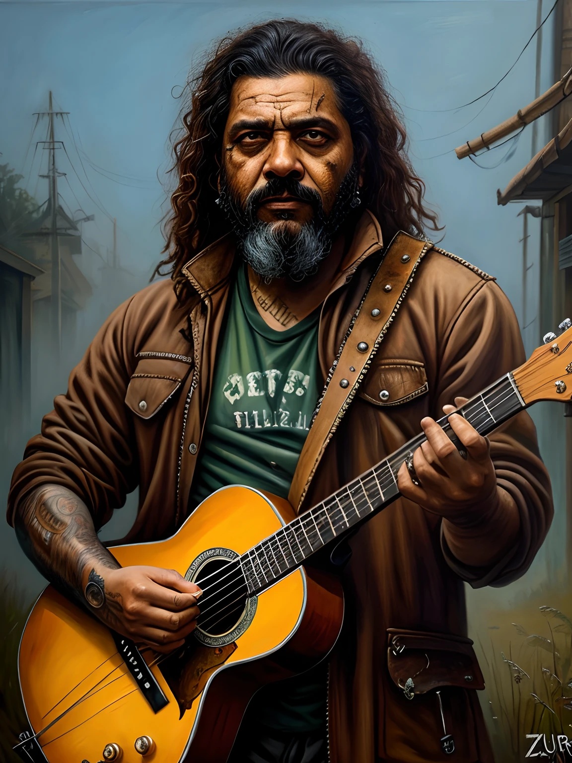 zumbi_metal_roqueiro, playing the guitar, post apocalyptic, retrato, barba, (Detailed oil painting)